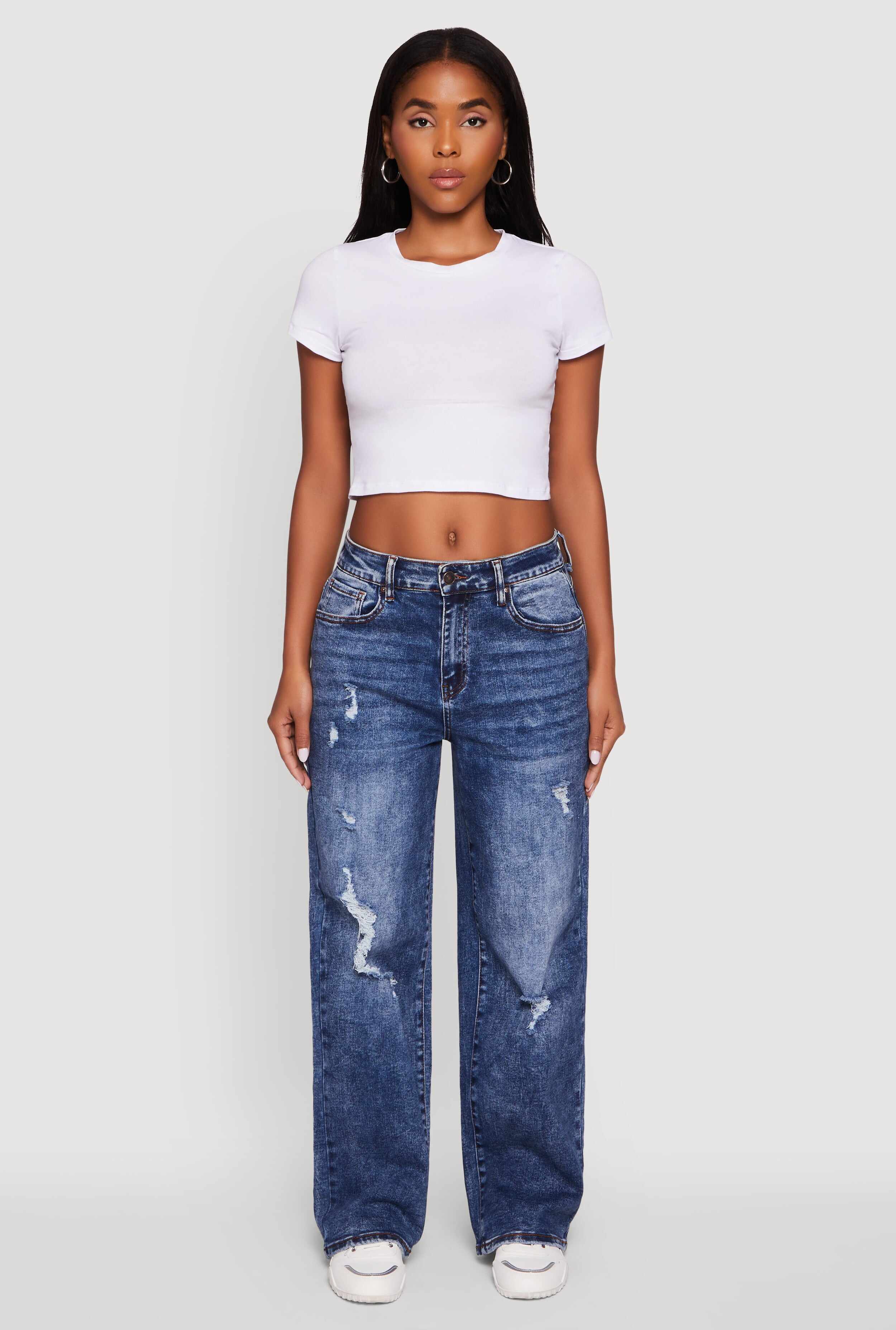 Mineral Wash Whiskered Distressed Straight Leg Jeans