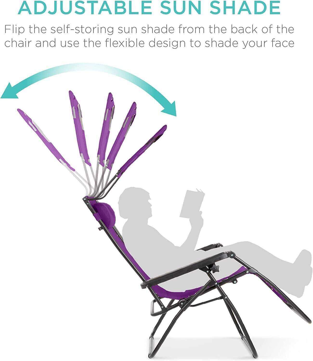 Folding Zero Gravity Recliner Patio Lounge Chair w/Adjustable Canopy Shade, Headrest, Side Accessory Tray, Textilene Mesh - Beige