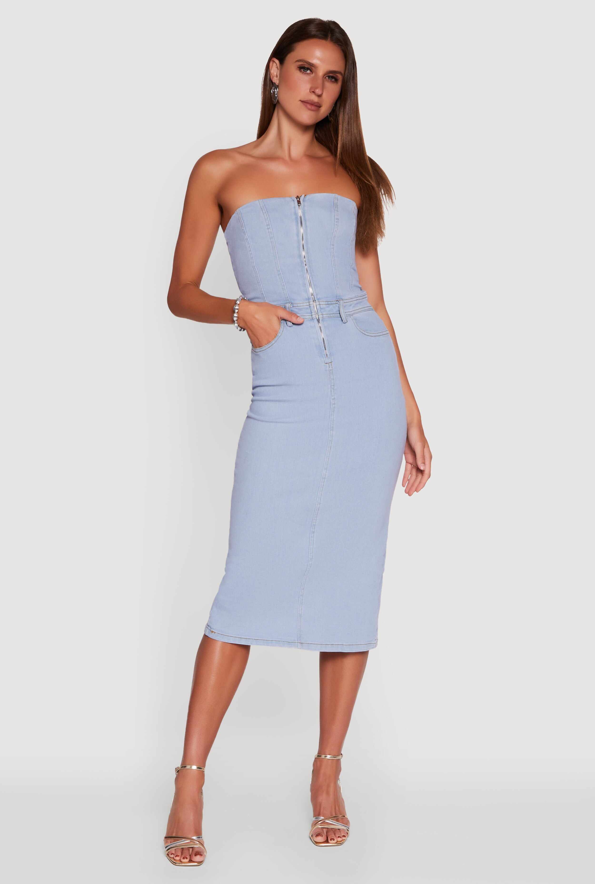 Haute Monde Denim Zip Front Corset Tube Dress