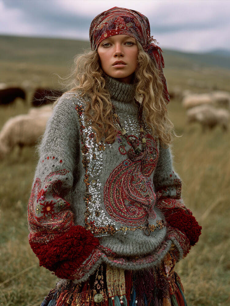 Women's Vintage Red Embroidered Sequined Sweater