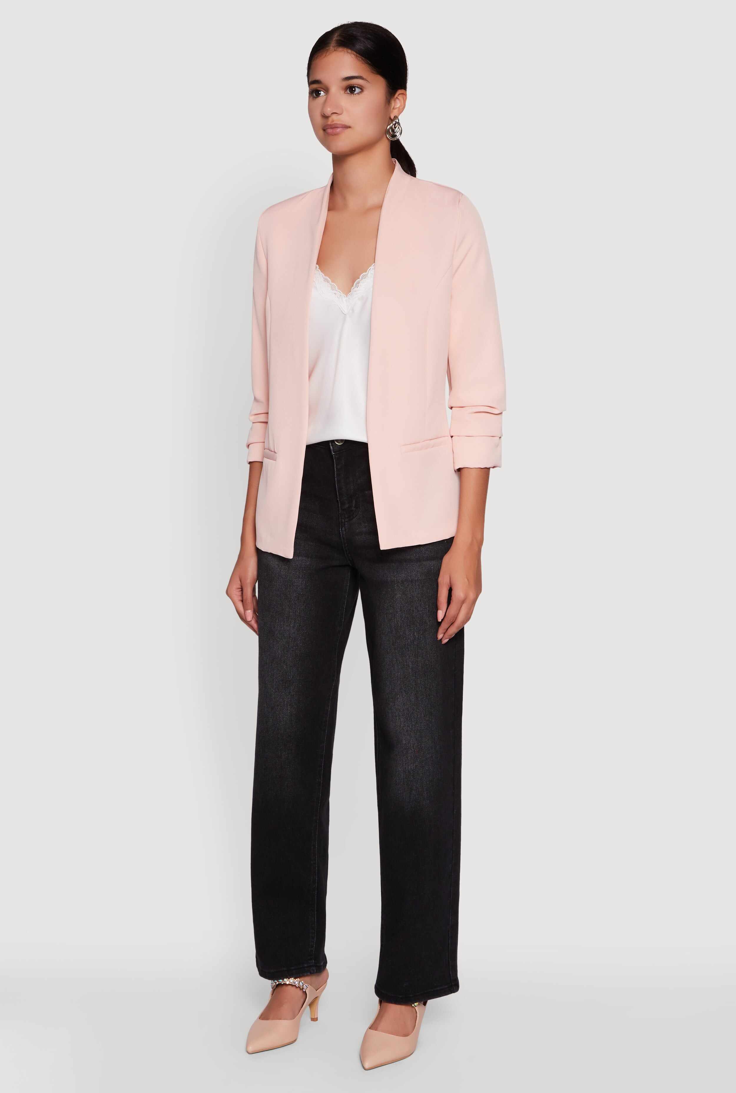 Open Front Ruched Sleeve Padded Shoulder Blazer