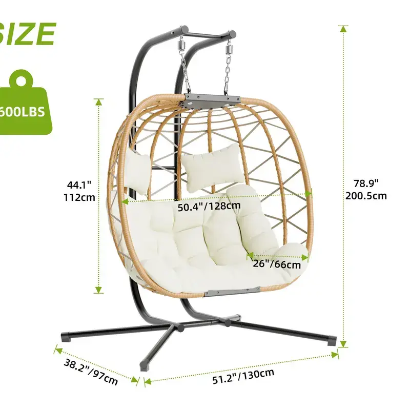 [dealsforyoudays] Double Egg Chair with Stand for Patio, Outdoor Indoor Hanging Swing Chair with Cushions, Wicker Rattan, 700lbs Capacity, Waterproof Sunproof for Balcony Garden Porch, ChristmasGift