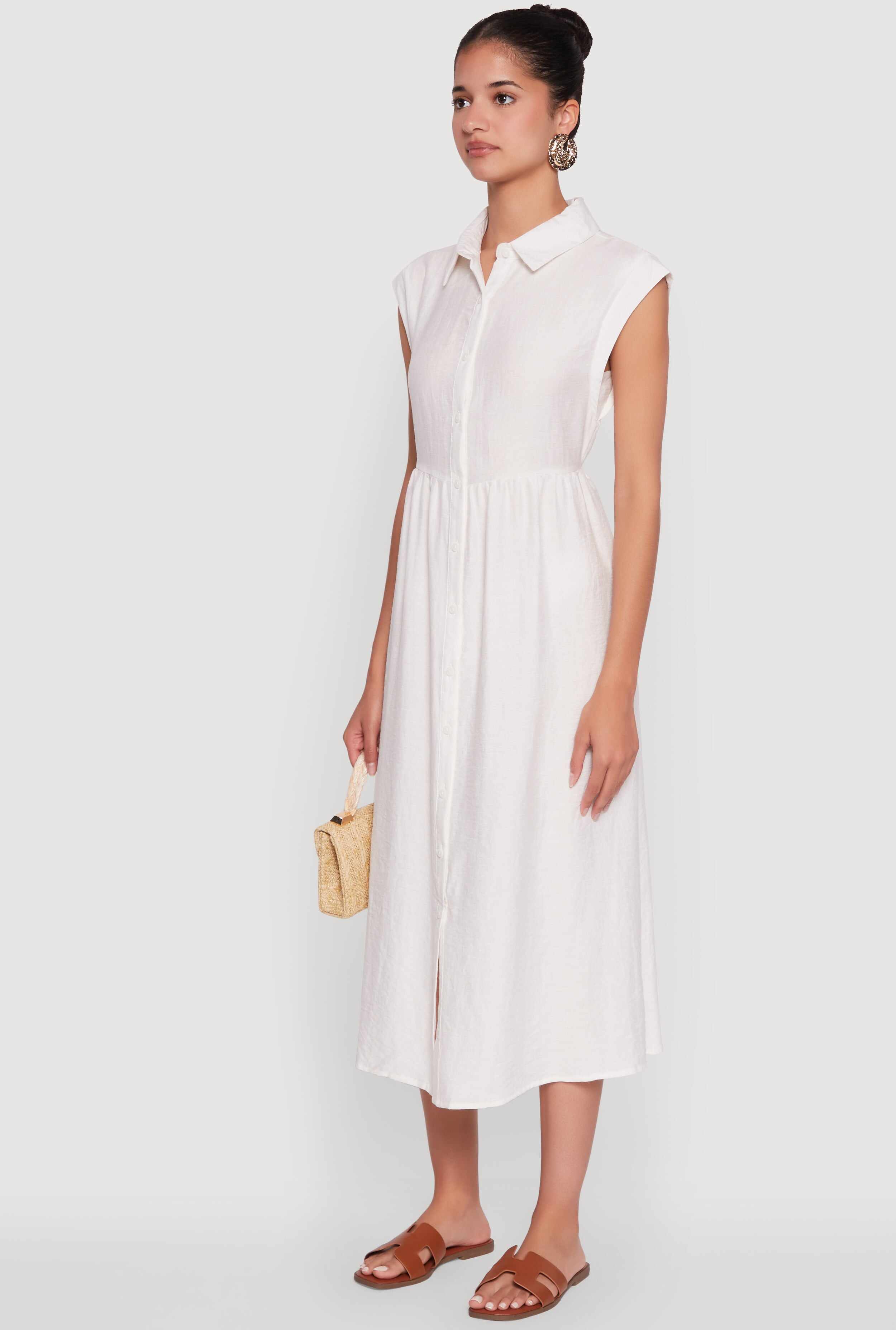 Linen Mid Length Shirt Dress with Cap Sleeves