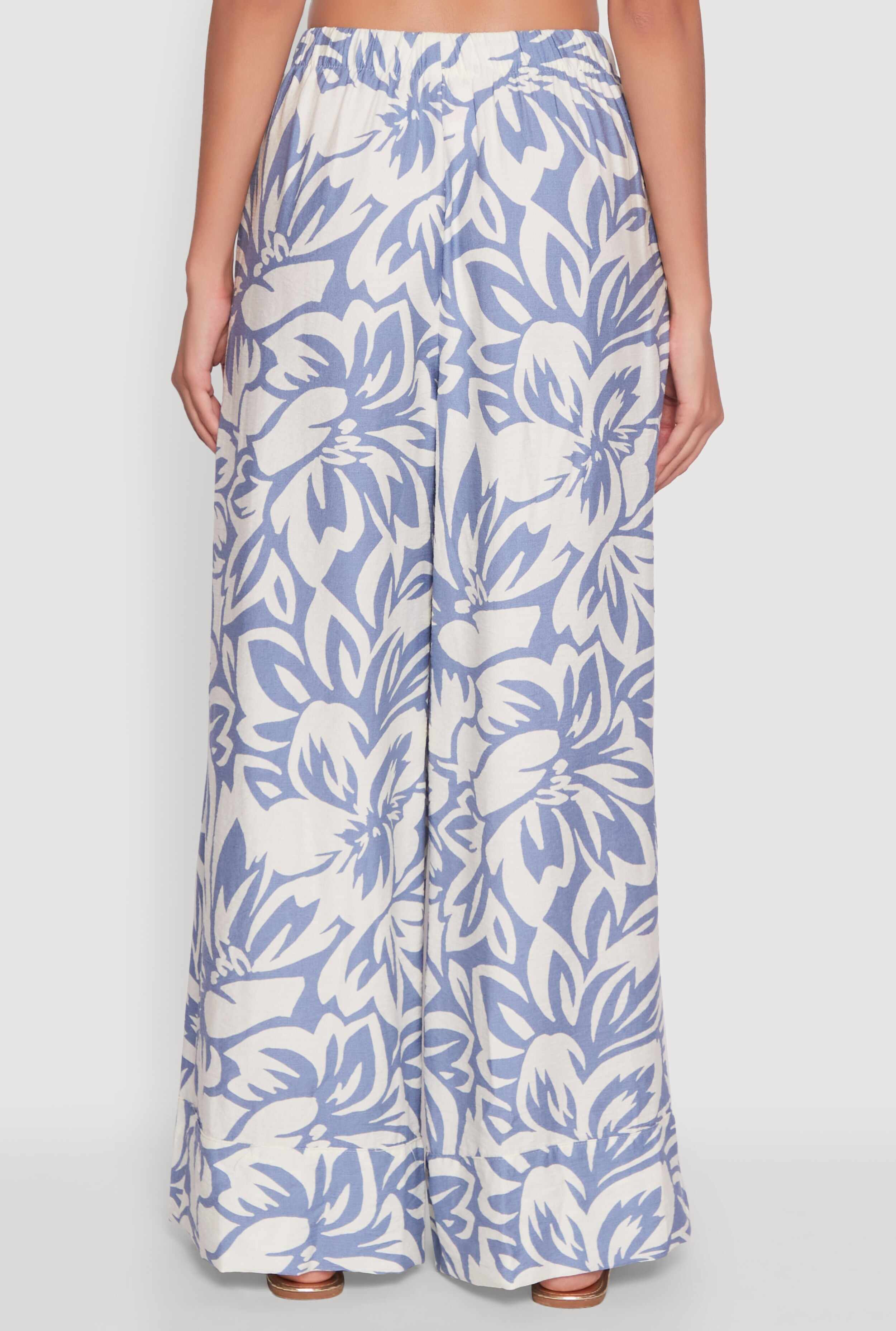 Crepe Knit Floral Palazzo Pants with Drawstring Waist