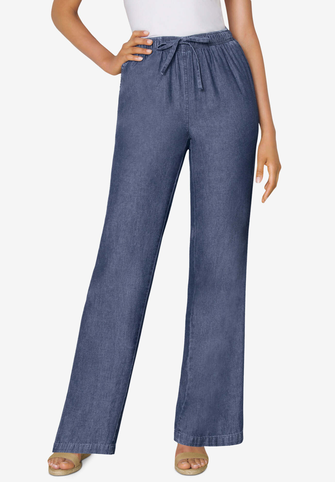 Drawstring Denim Wide-Leg Pant