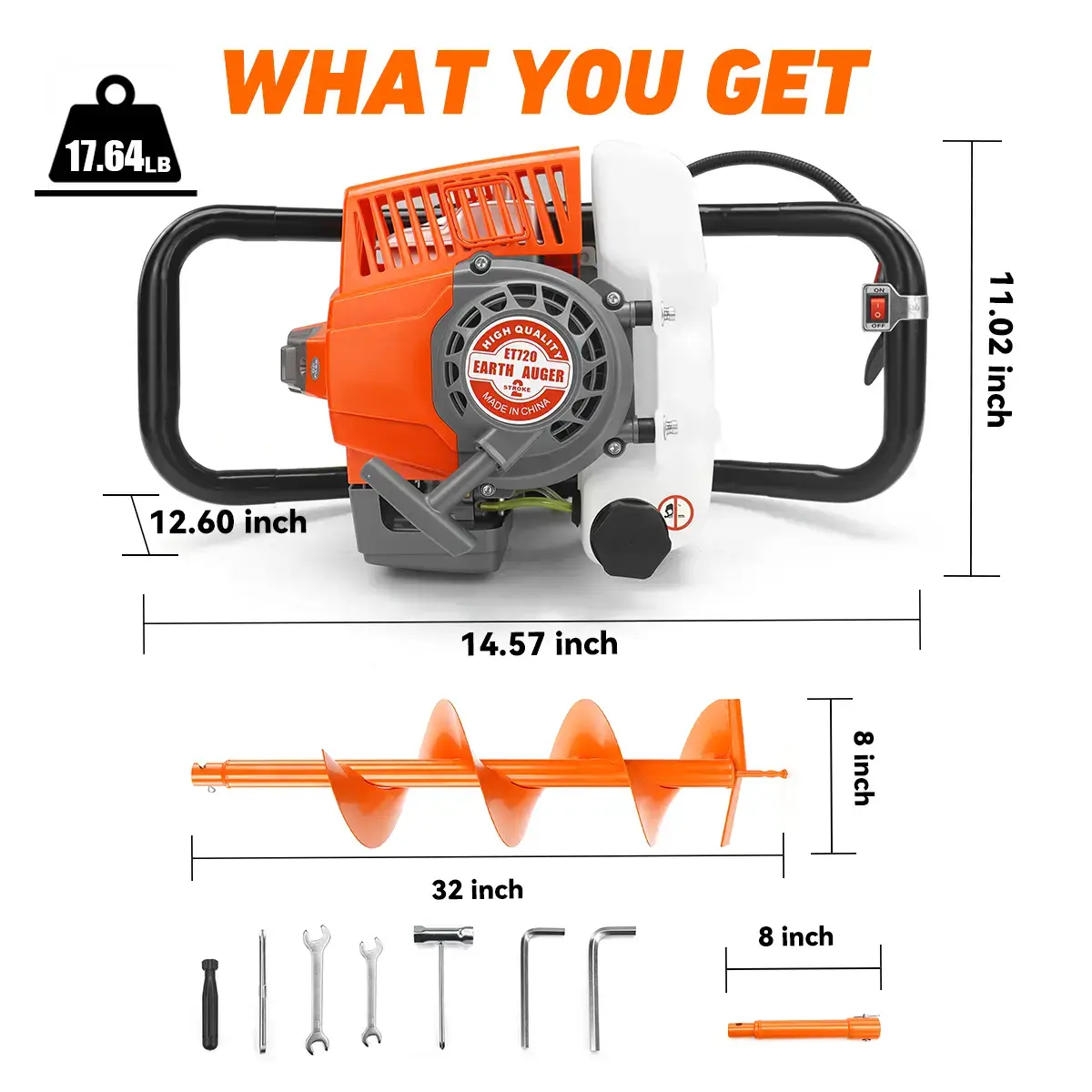 72CC 2-Stroke Gas Powered Earth Auger Post Fence Hole Digger Equipped with multiple sizes of drill bit combinations, Petrol Drill Borer for Garden & Lawn, Digging