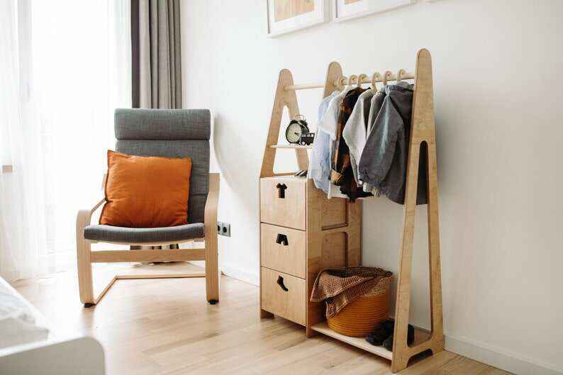 Children wardrobe Montessori clothing rack Wooden clothing rack Wood frame rack Toddler wardrobe Clothing rack with drawers Kids furniture