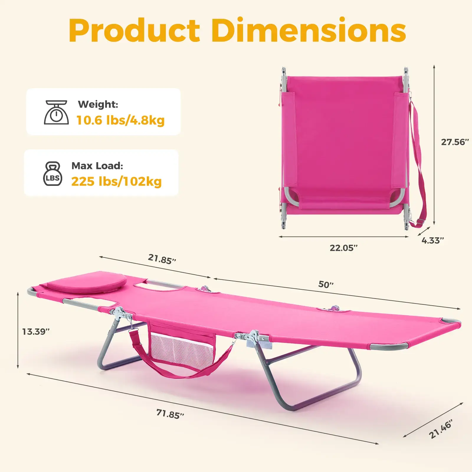 Folding Adjustable Chaise Lounge Chair, Portable Beach Lounge Chair with Backpack Straps & Side Pocket for Outside, Patio, Poolside, Lawn