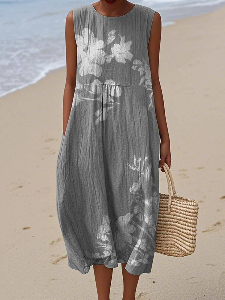Vintage Loose Floral Art Linen Tank Dress