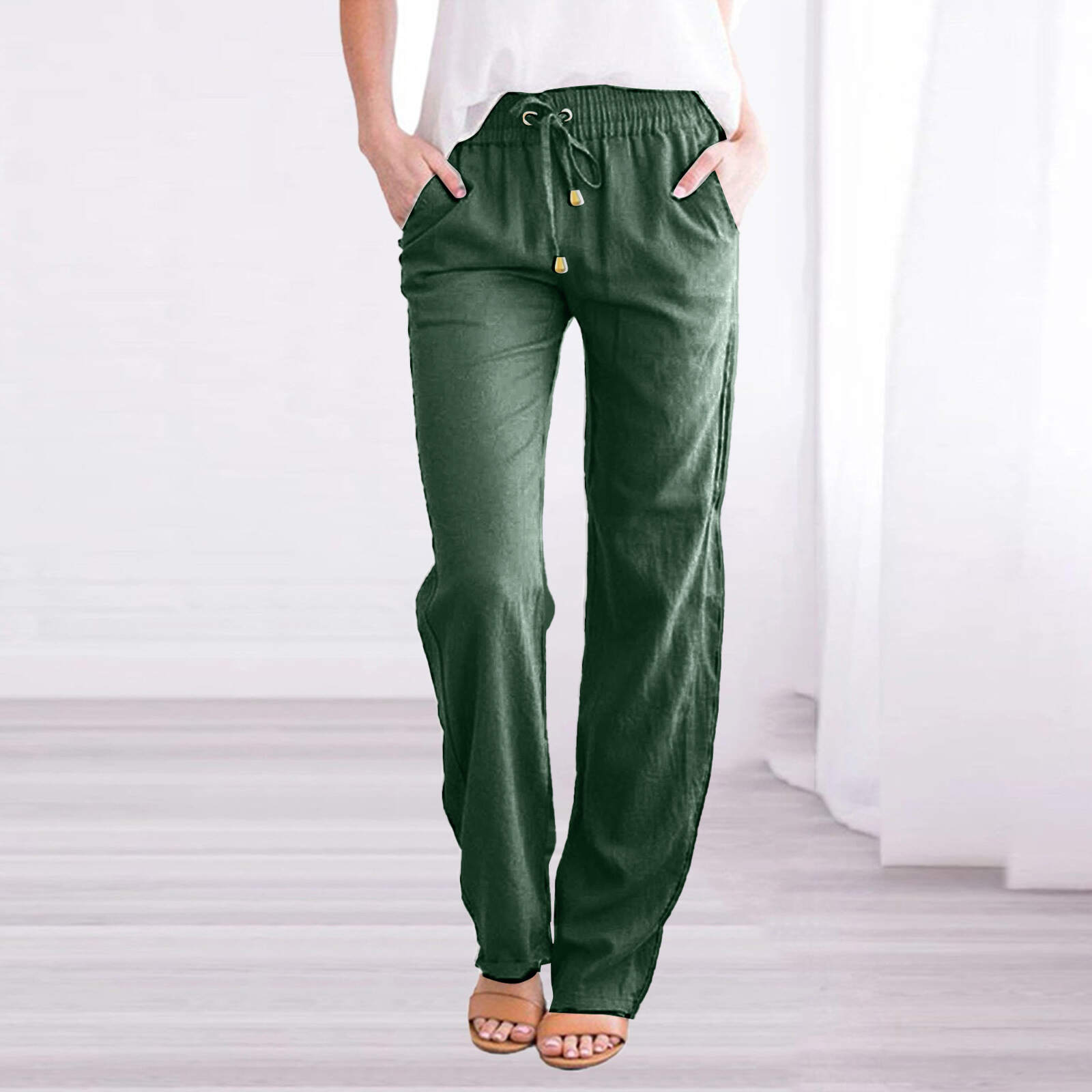 Solid Color Loose Drawcord Casual Wide Leg Pants