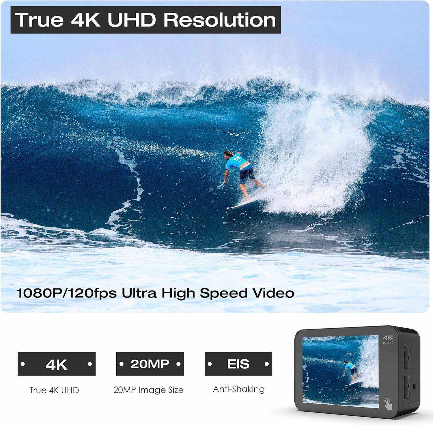 Underwater Camera,24MP 40m WiFi Dual Color Screen Action Camera 4K For Snorkeling Sports,Waterproof Camera with Bike Helmet,EIS Stabilization,170° Wide Angle,4X Zoom,2 Batteries and Mounting Kits
