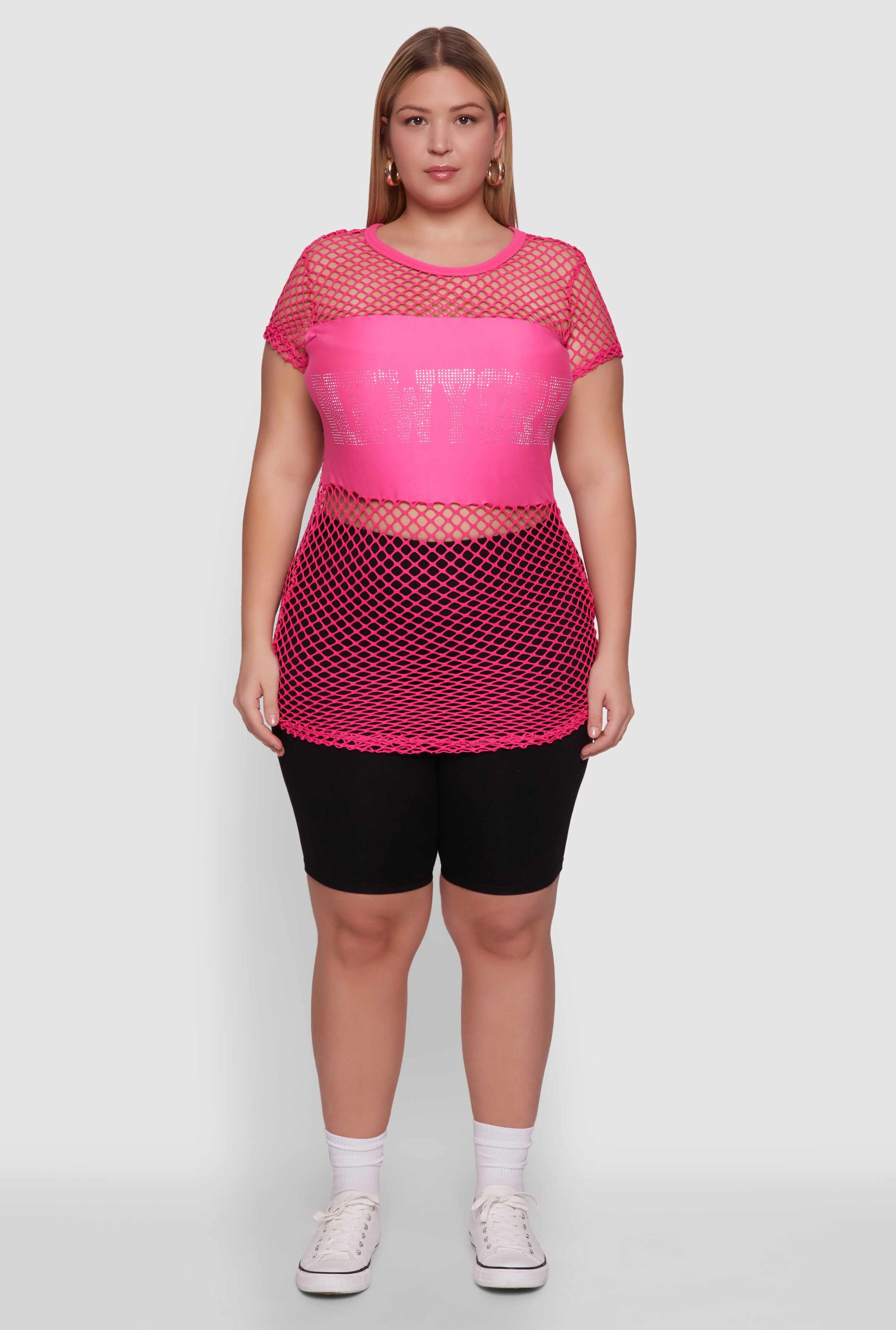 Plus Size New York Rhinestones Fishnet Tunic Top