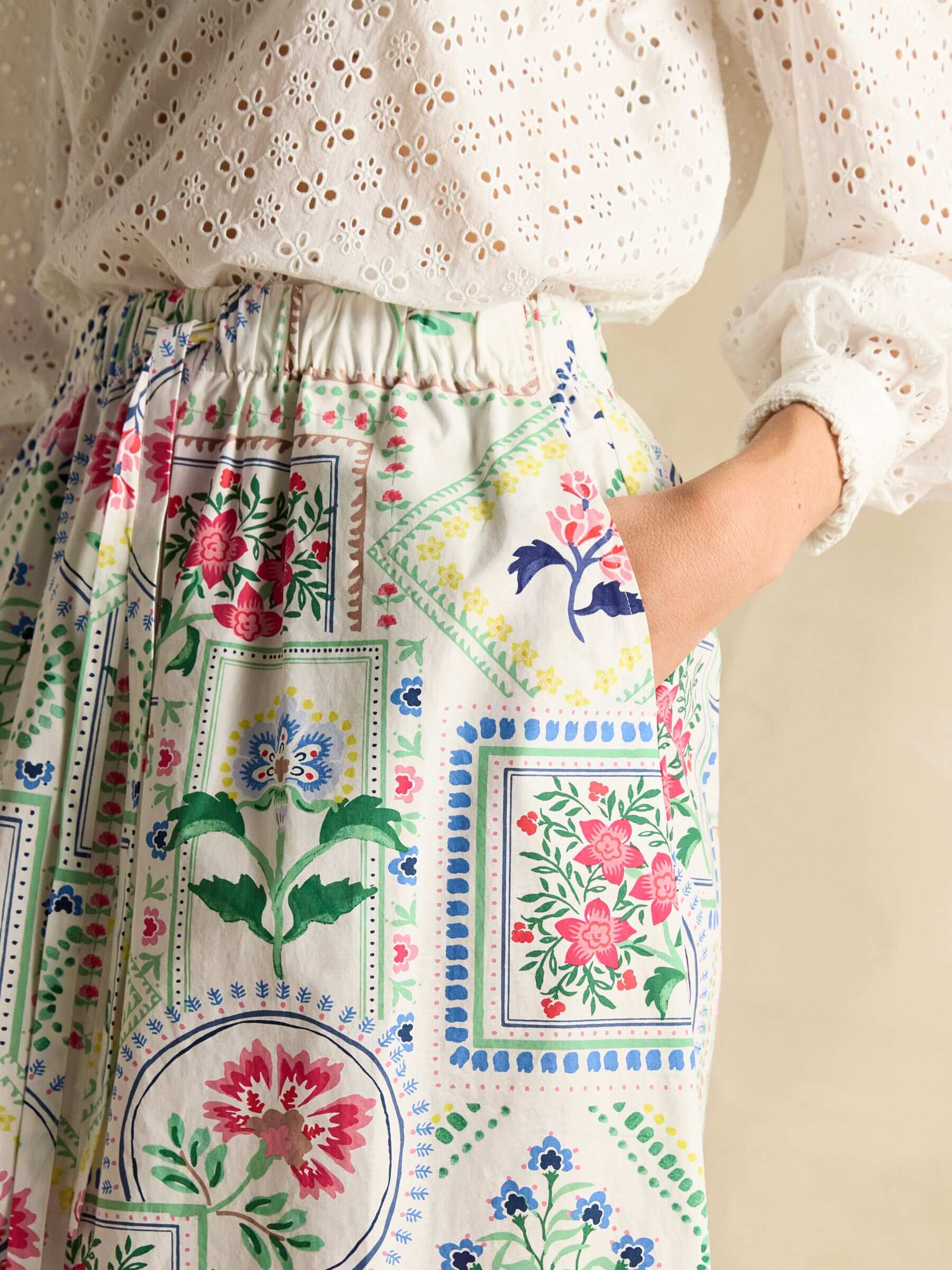 Cream Tile Print Cotton Poplin Midi Skirt