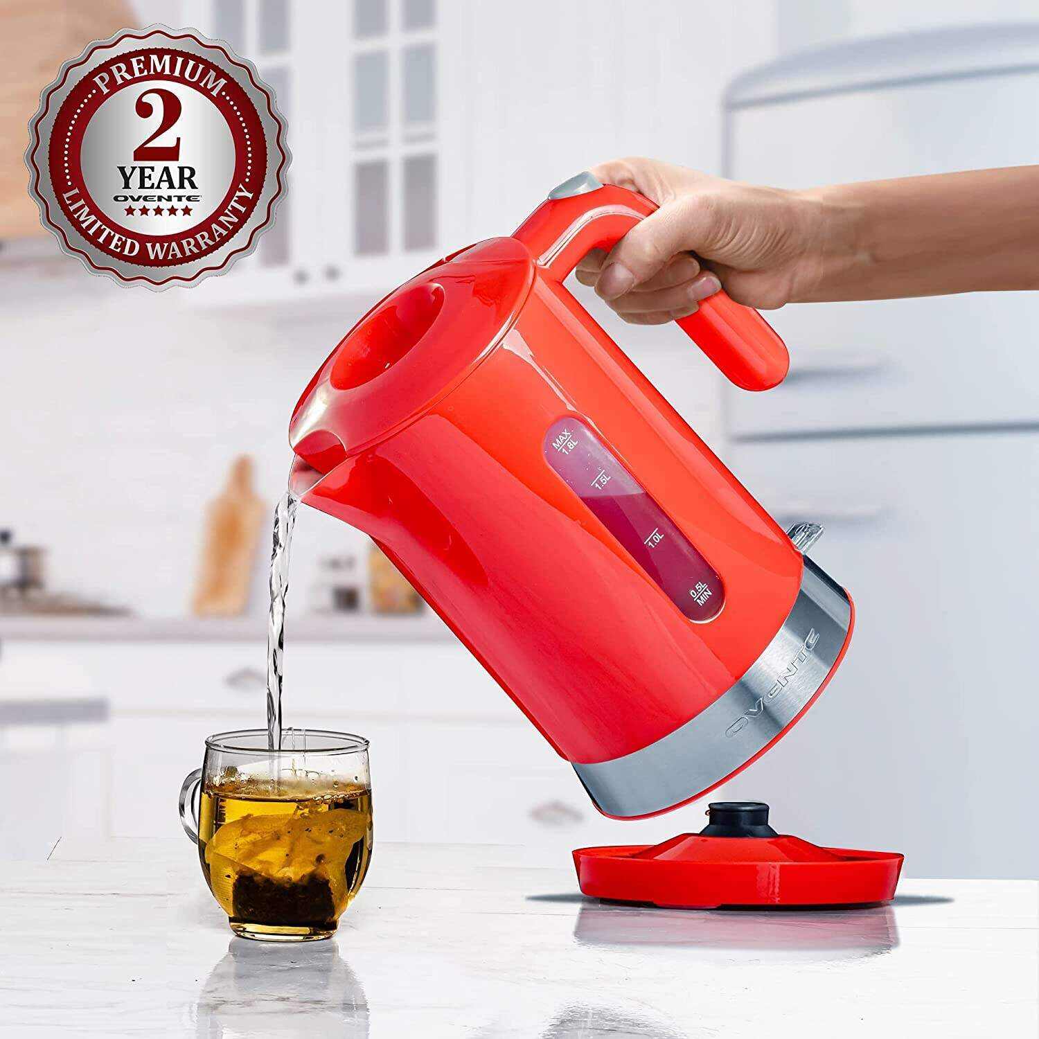 OVENTE Electric Kettle Hot Water Heater 1.7 Liter - BPA Free Fast Boiling Cordless Water Warmer - Auto Shut Off Instant Water Boiler for Coffee & Tea Pot - White KP72W