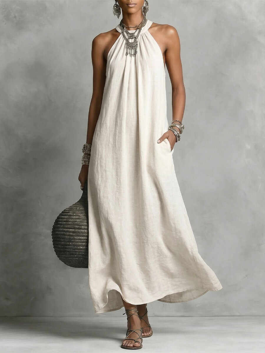 Women's Round-neck Halter Sleeveless Cotton-linen Dress