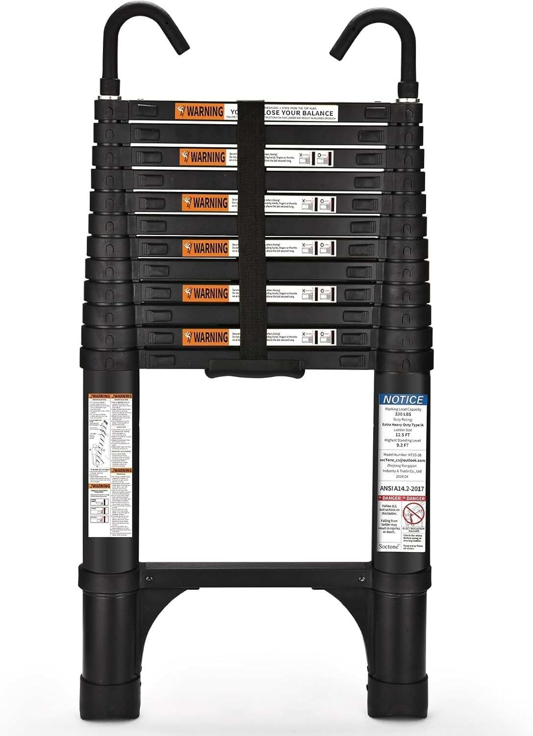 Telescoping Ladder, 12.5 FT Aluminum Lightweight Extension Ladder with 2 Triangle Stabilizers, Heavy Duty 330lbs Max Capacity, Collapsible Ladder with Hooks for RV or Outdoor Work