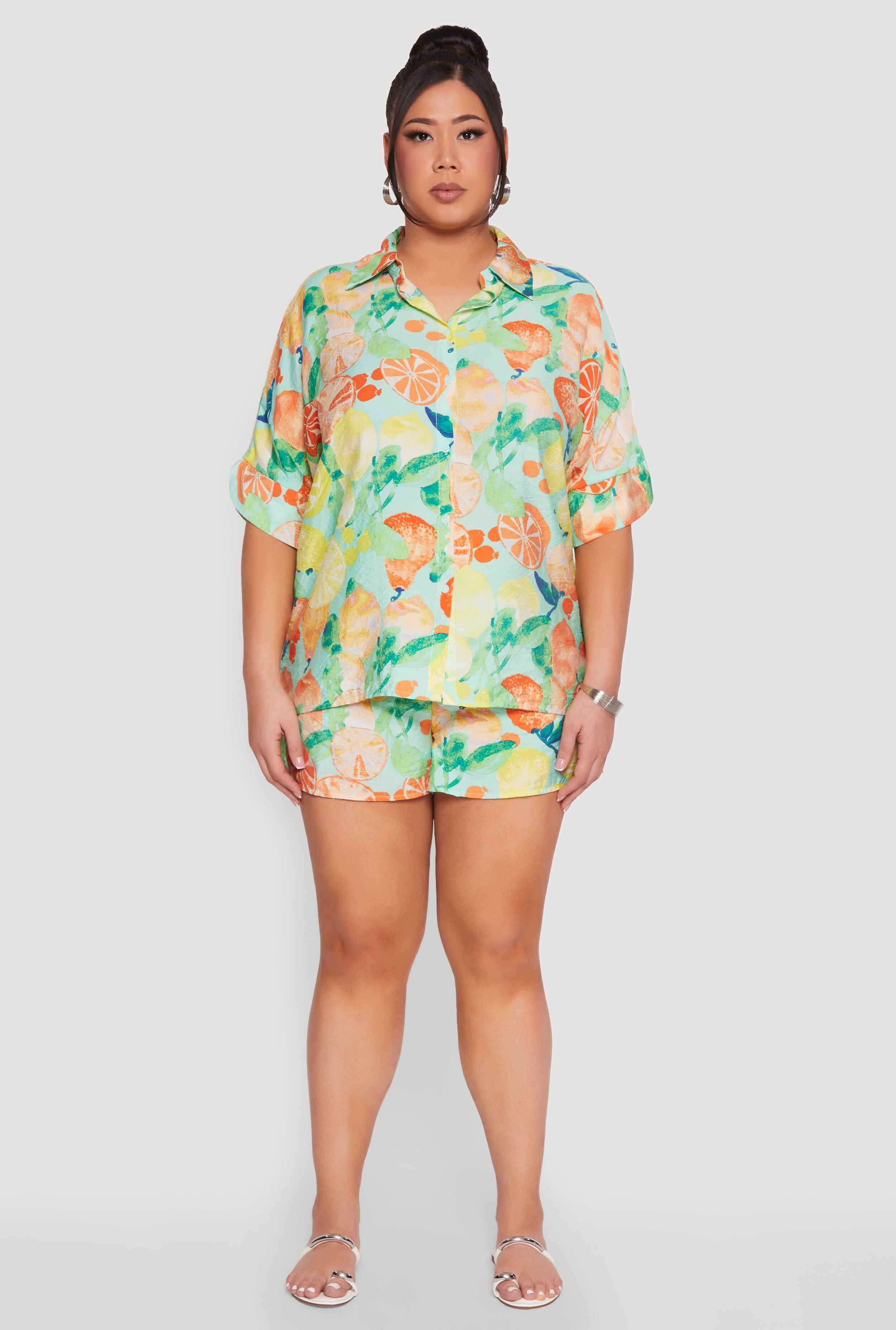 Plus Size Airy Fruit Print Shorts