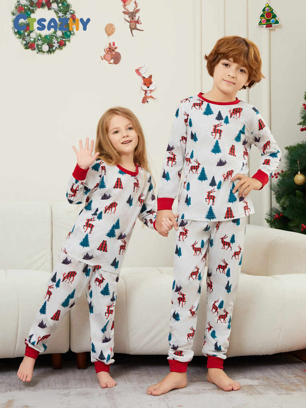Christmas White Printed Family Matching Christmas Pajamas Sets