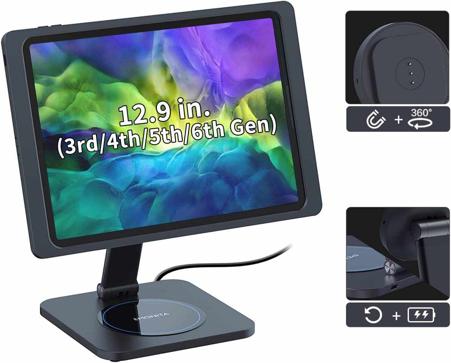 EMONITA Magnetic Stand with Charging Case for 10.2 Inch 7th / 8th / 9th Gen (2021/2020/2019). 18W USB C Fast Charging Cable Included, Foldable L Shape, Strong Magnets, 360 Rotation, 180 Tilt