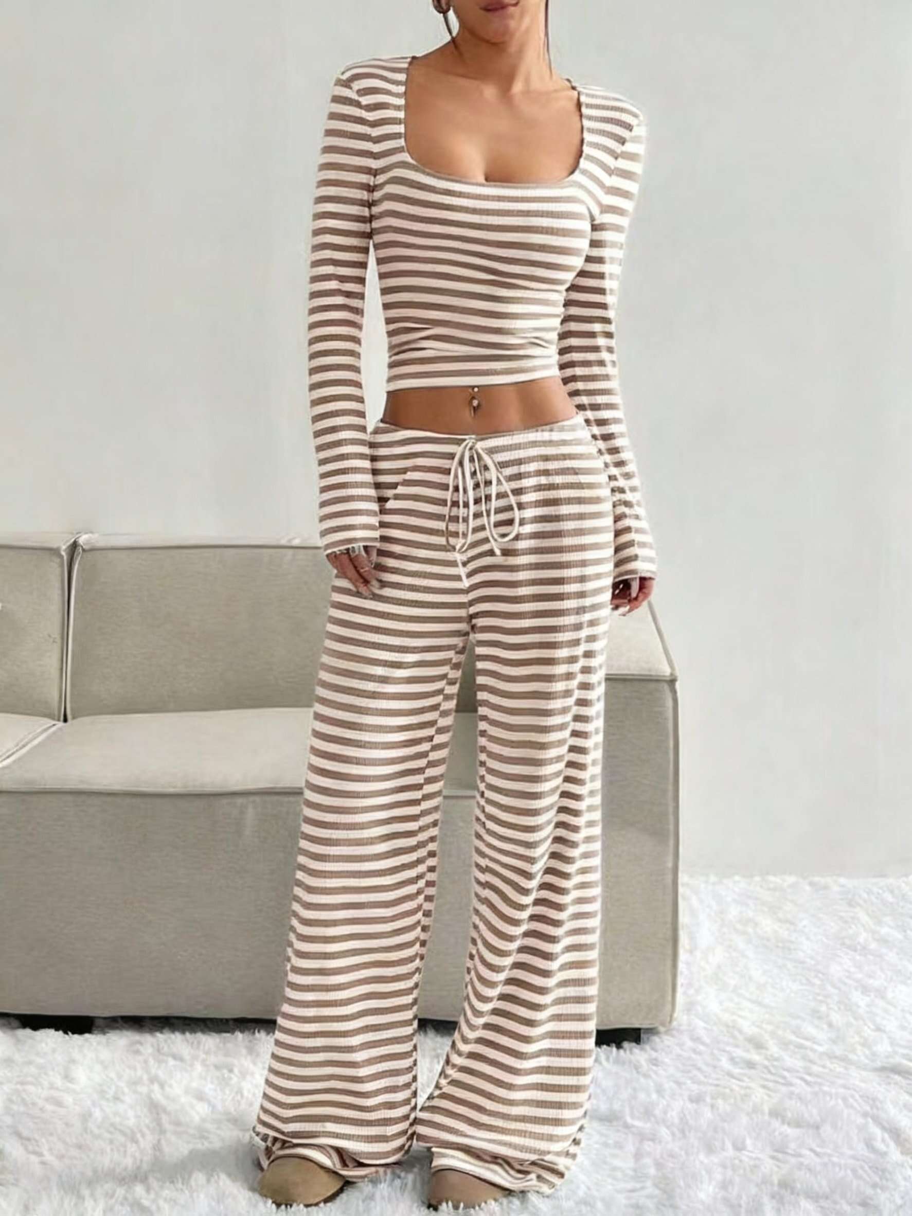 Women's Slouchy Square Neck Stripe Long Sleeve Crop Top & Low-Rise Wide Leg Trousers Co-ord