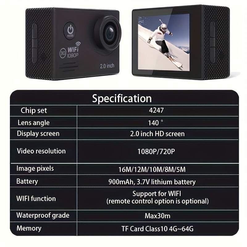 (Built-in Battery) Wifi HD 1080 Action Camera 30m Waterproof Underwater Camera 140 Degrees Ultra-wide Angle Lens Convenient Waterproof Action Camera 2 Inch Display Wifi Camera Multiple Languages Optional Waterproof Camera With 32G TF Card For Thanksgiving
