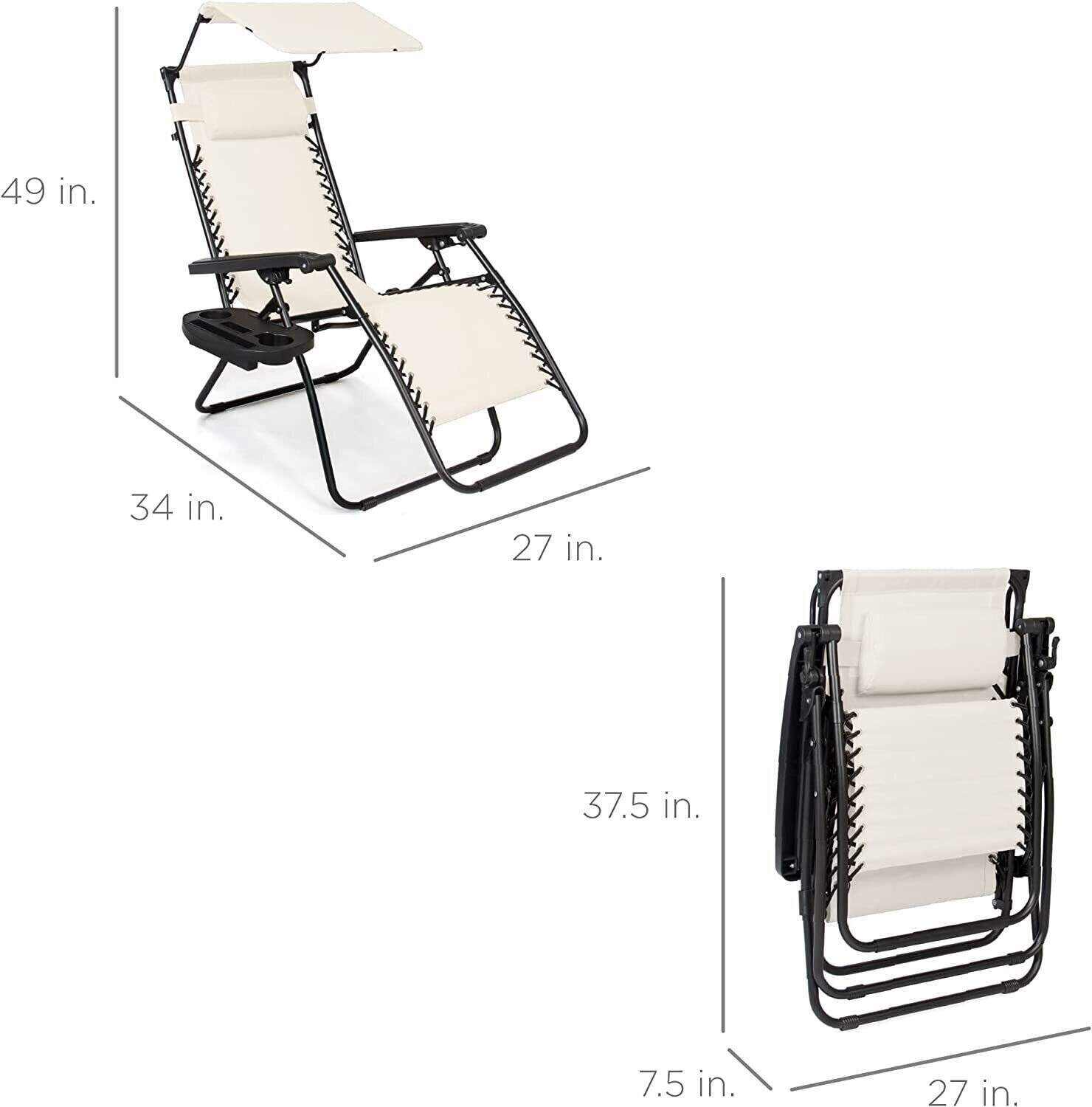 Folding Zero Gravity Recliner Patio Lounge Chair w/Adjustable Canopy Shade, Headrest, Side Accessory Tray, Textilene Mesh - Beige