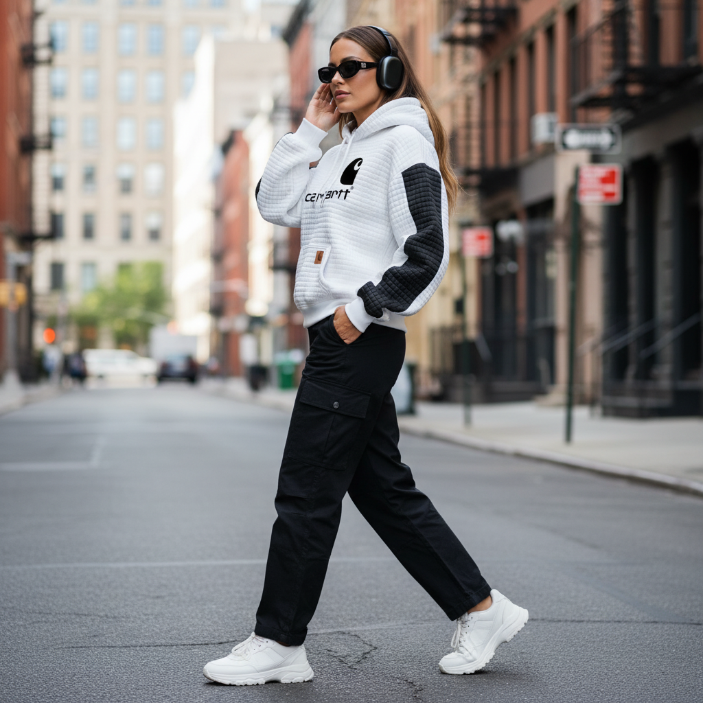 Women's Vintage White And Black Waffle Quilted Plaid Pocket Hoodie