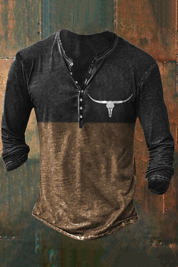 Men'S Retro Western Contrasting Color Bull Head Henry T-Shirt