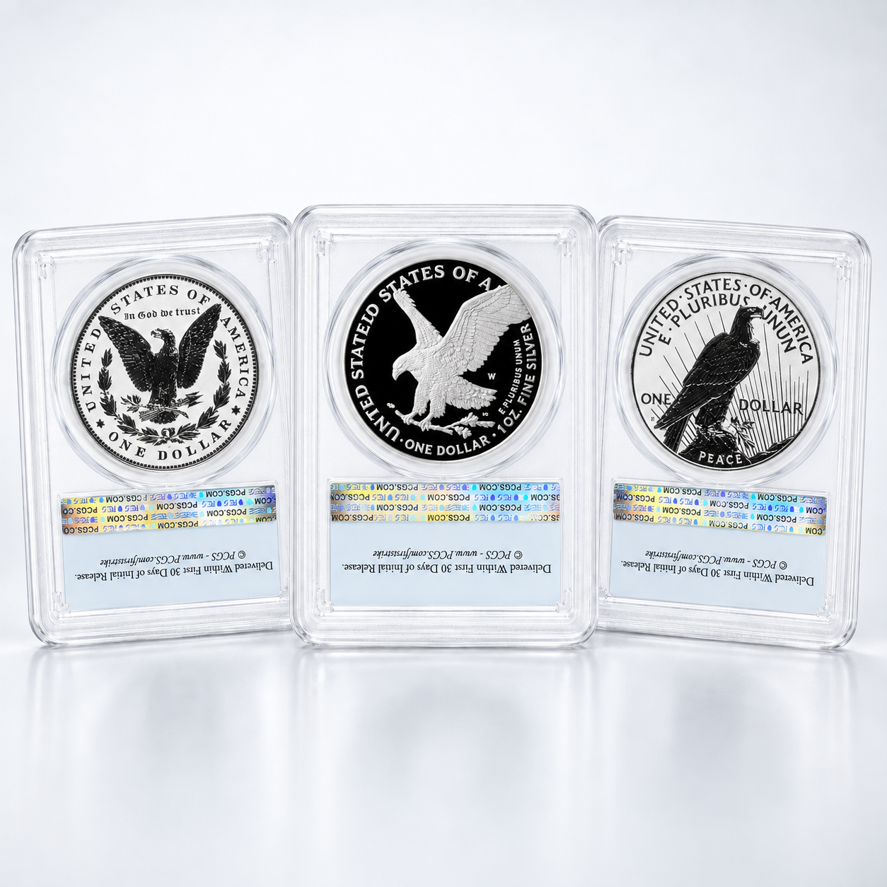 2026 American Eagle, Morgan & Peace Dollar 3-Coin Set (First Strike, Liberty Bell 250 Privy, Flag Labels)