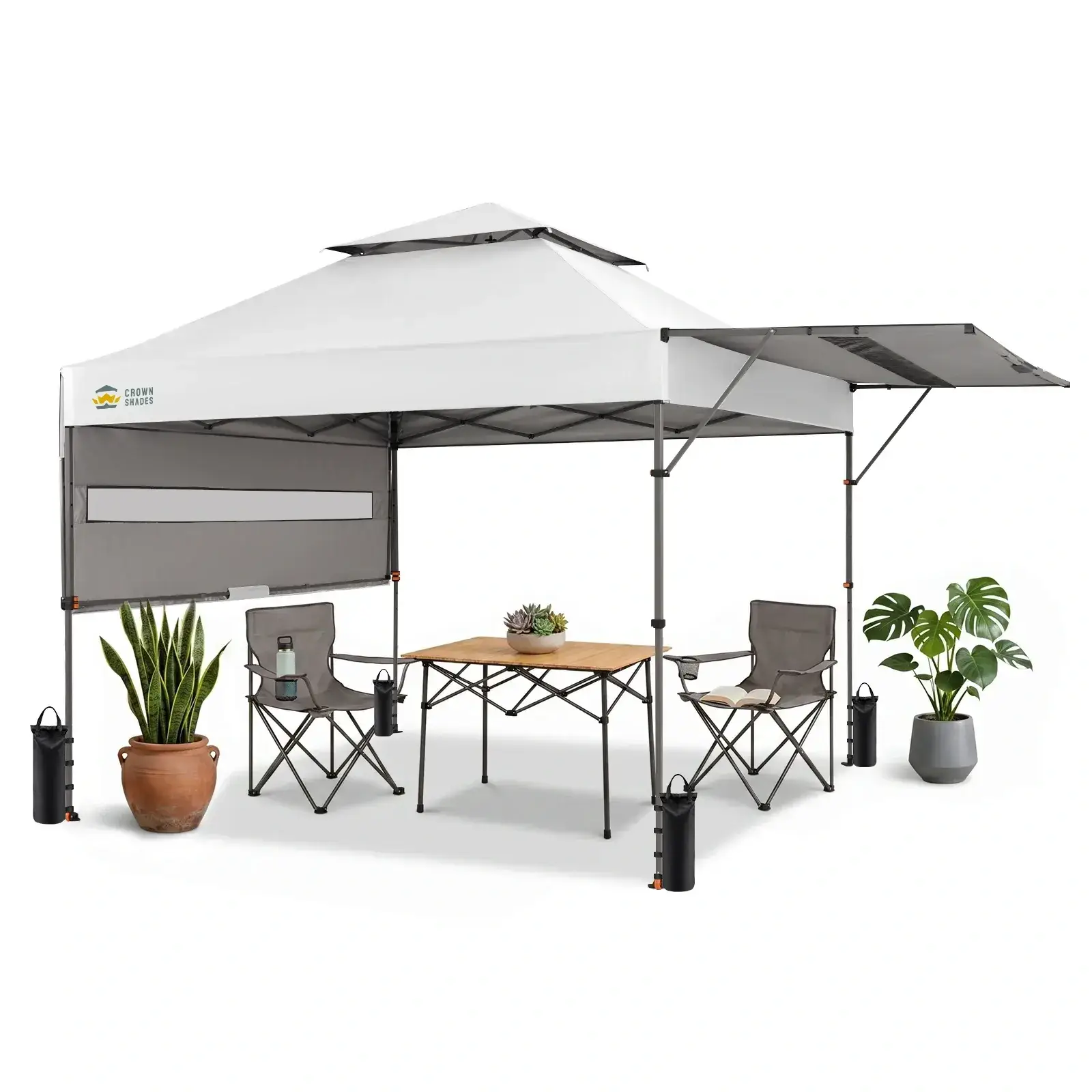 10x10 Pop Up Canopy Tent with Patented Center Lock, Instant Commercial Canopy with Extendable Awning, 150D Silver Coated Fabric, 4 Weight Bags, Ropes, Stakes & STO ’N Go Wheeled Bag