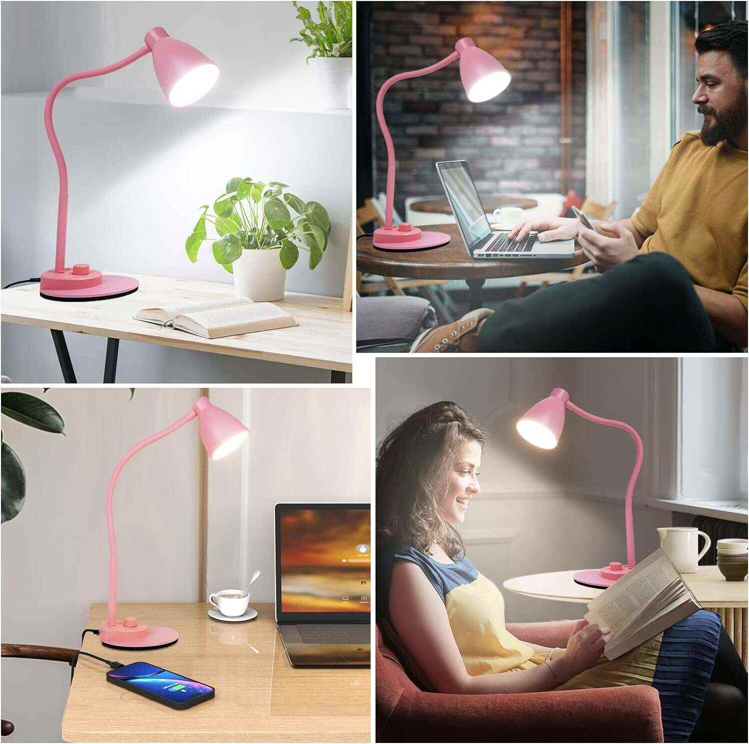BOHON LED Desk Lamp with USB Charging Port 3 Color Modes Dimmable Reading Light Intelligent Induction Auto Dimming Task Lamp Flexible Gooseneck Table Lamp for Bedside Office, AC Adapter Include