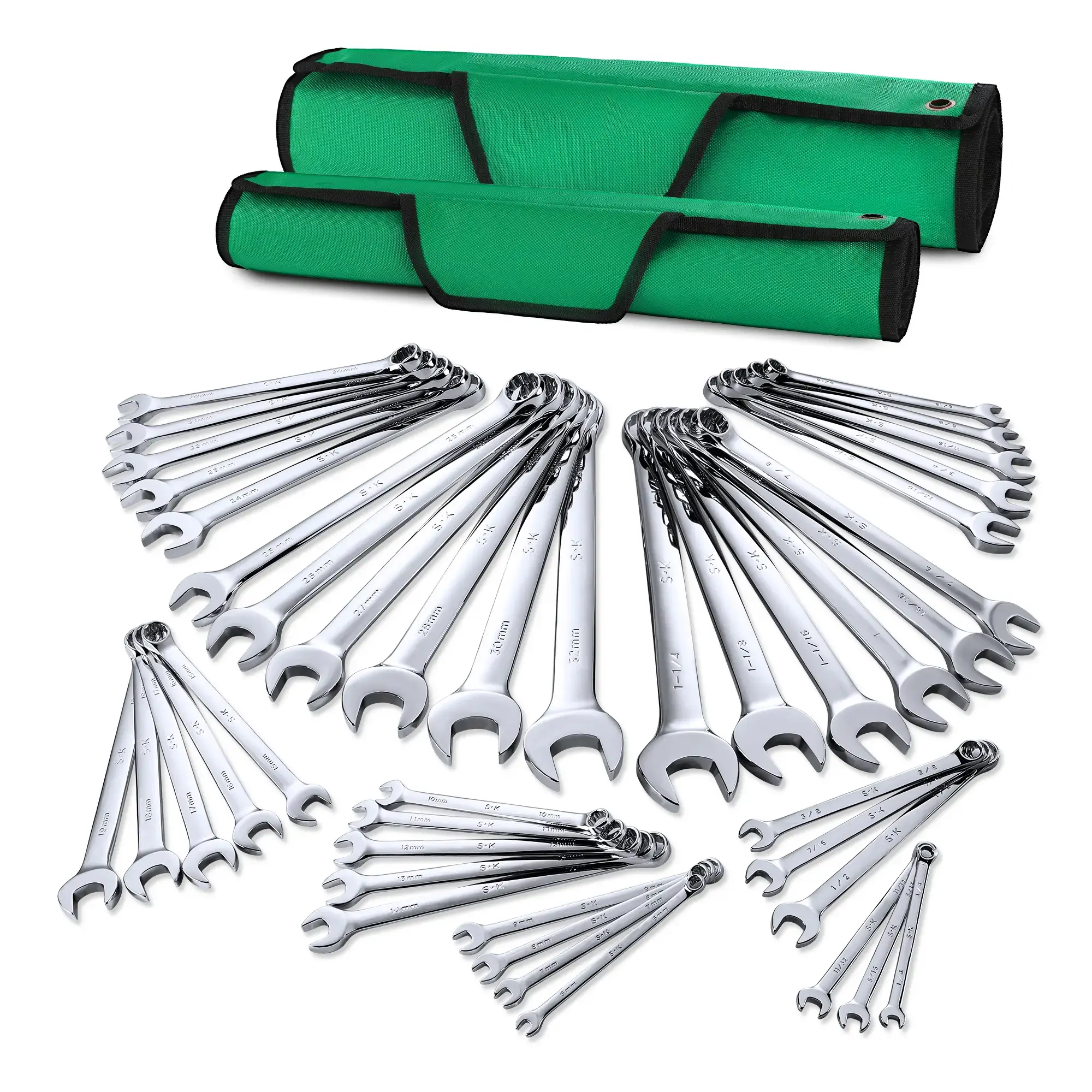 SK Combination Wrench Set, SAE & Metric, Finish, Premium CR-V Construction, with Rolling Pouch