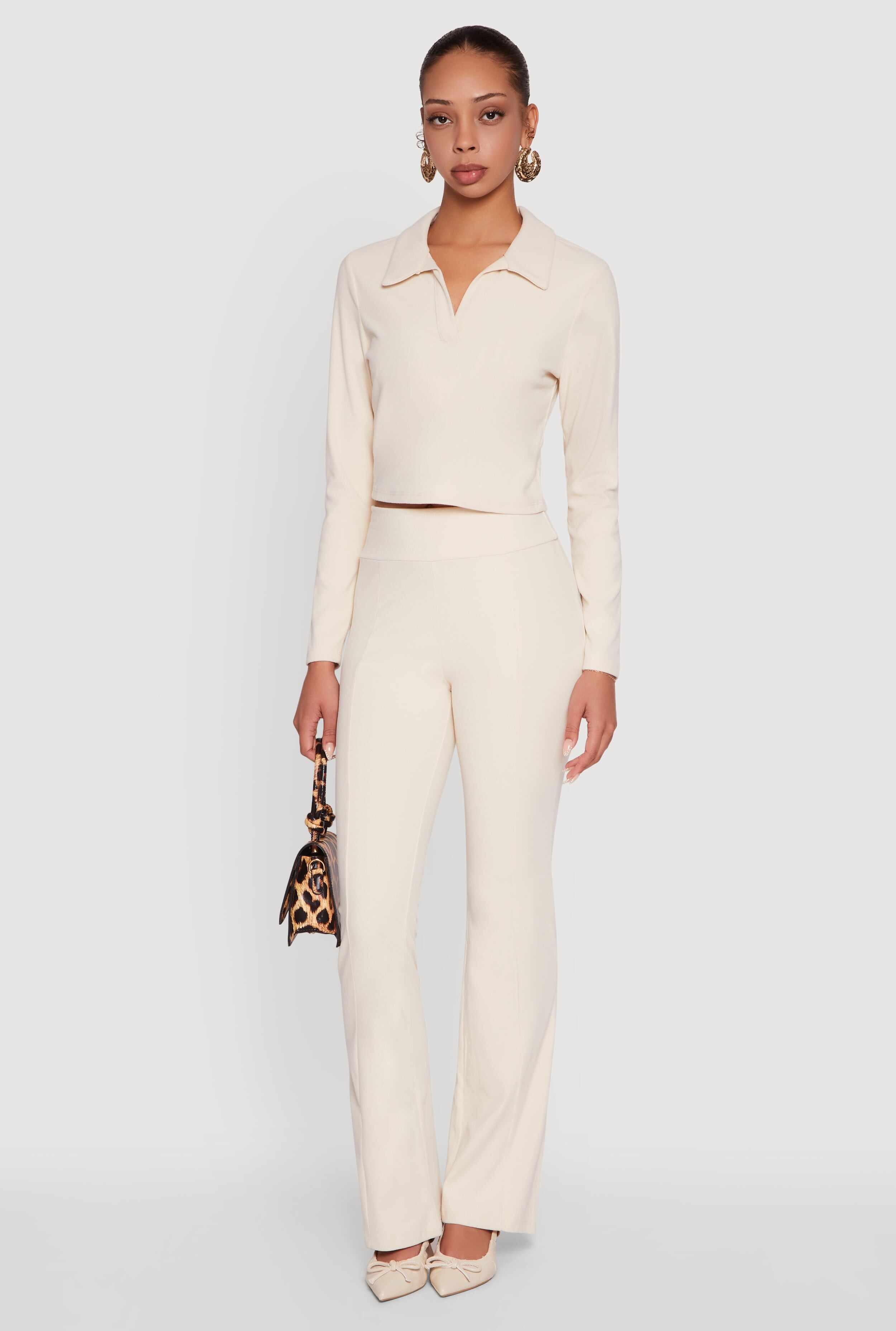 Brushed Knit Cropped Johnny Collar Polo Shirt