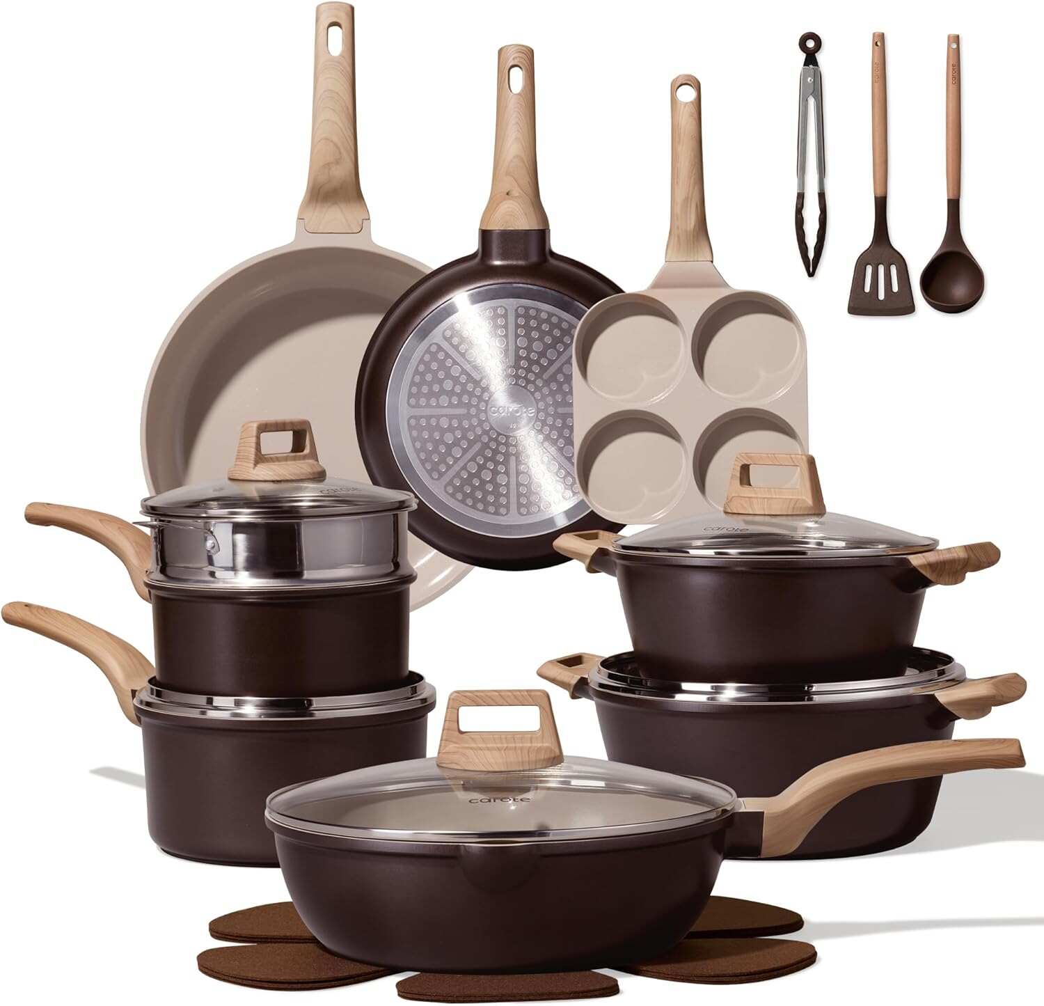 CAROTE ICE 35pcs Pots and Pans Set, Nonstick Cookware Sets, White Granite Induction Cookware with Kitchen Knife Set