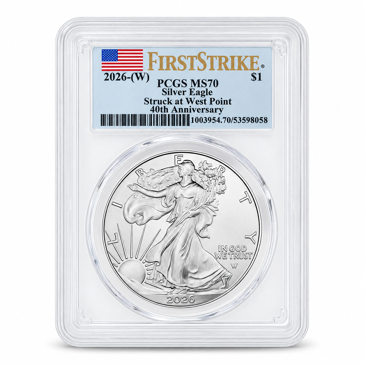 2026 1 oz American Silver Eagle MS70 (First Strike , 40th Anniversary, Struck at West Point, Flag Label)