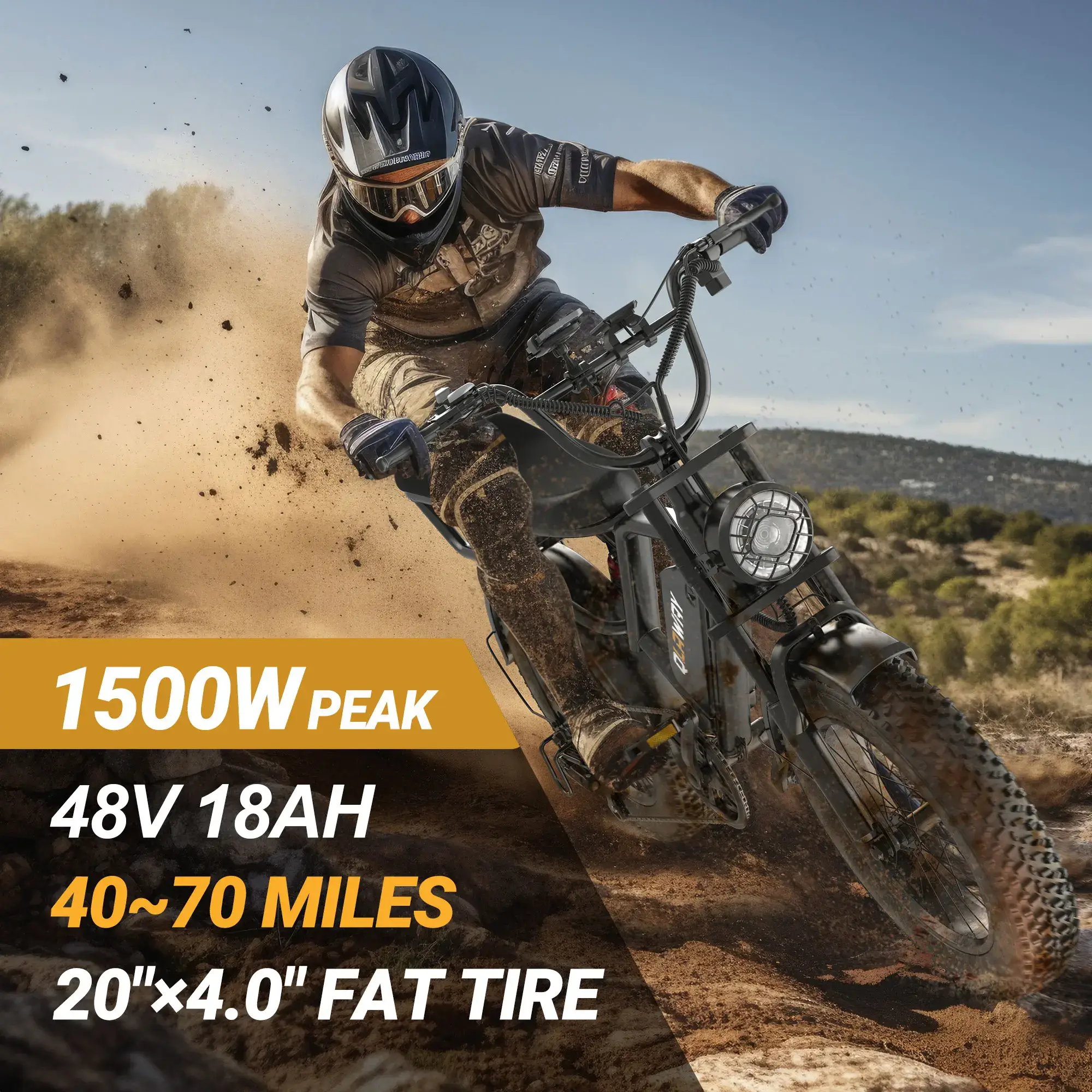 Peak 1500W Electric Off-Road Bike 20-Inch Full Suspension E-Motorcycle, 48V 20Ah Removable Battery, 31MPH Top Speed, 40-55 Mile Range, 2-Seater, LED Headlights, 20-Inch All-Terrain Fat Tires, UL 2849 Certified