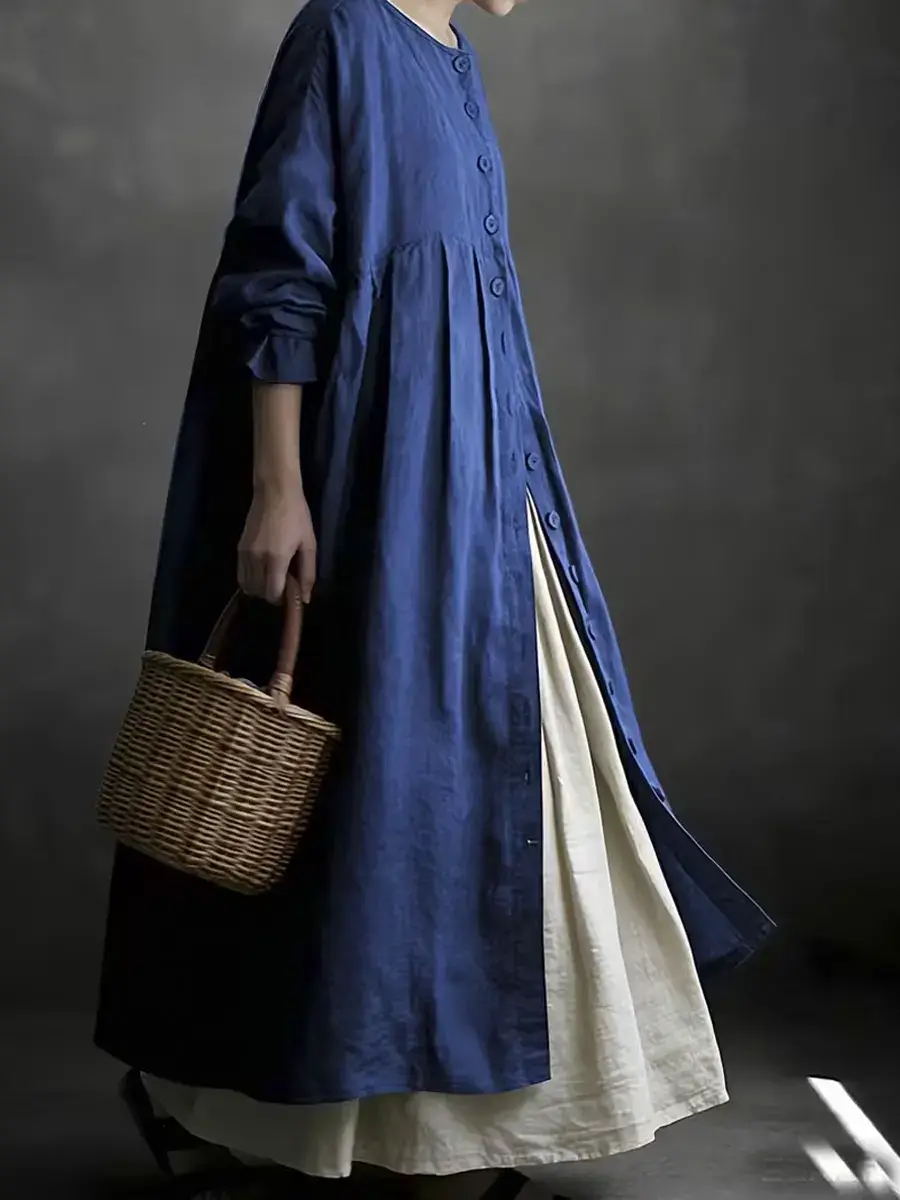 🔥Summer Arrivals🌟Women's Solid Color Art Casual Long Sleeve Cotton Linen Dress