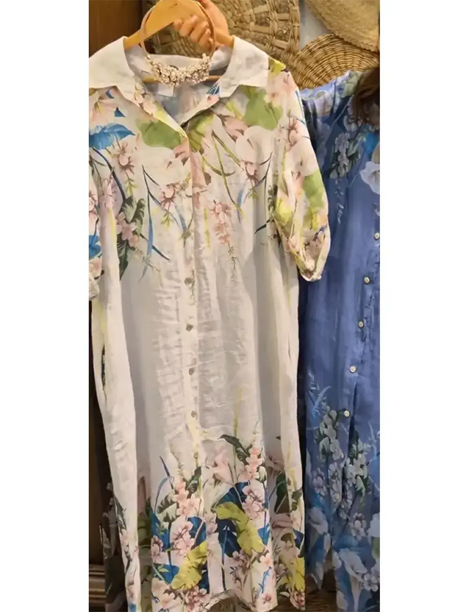 🔥Summer Arrivals🌟Women's Loose Casual Floral Print Cotton Linen Shirt Dress