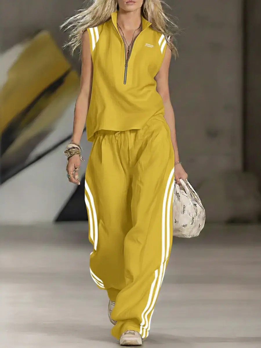 🔥Summer Arrivals🌟Women's Casual Patchwork Striped Zip-up Top And Pants Two-piece Set