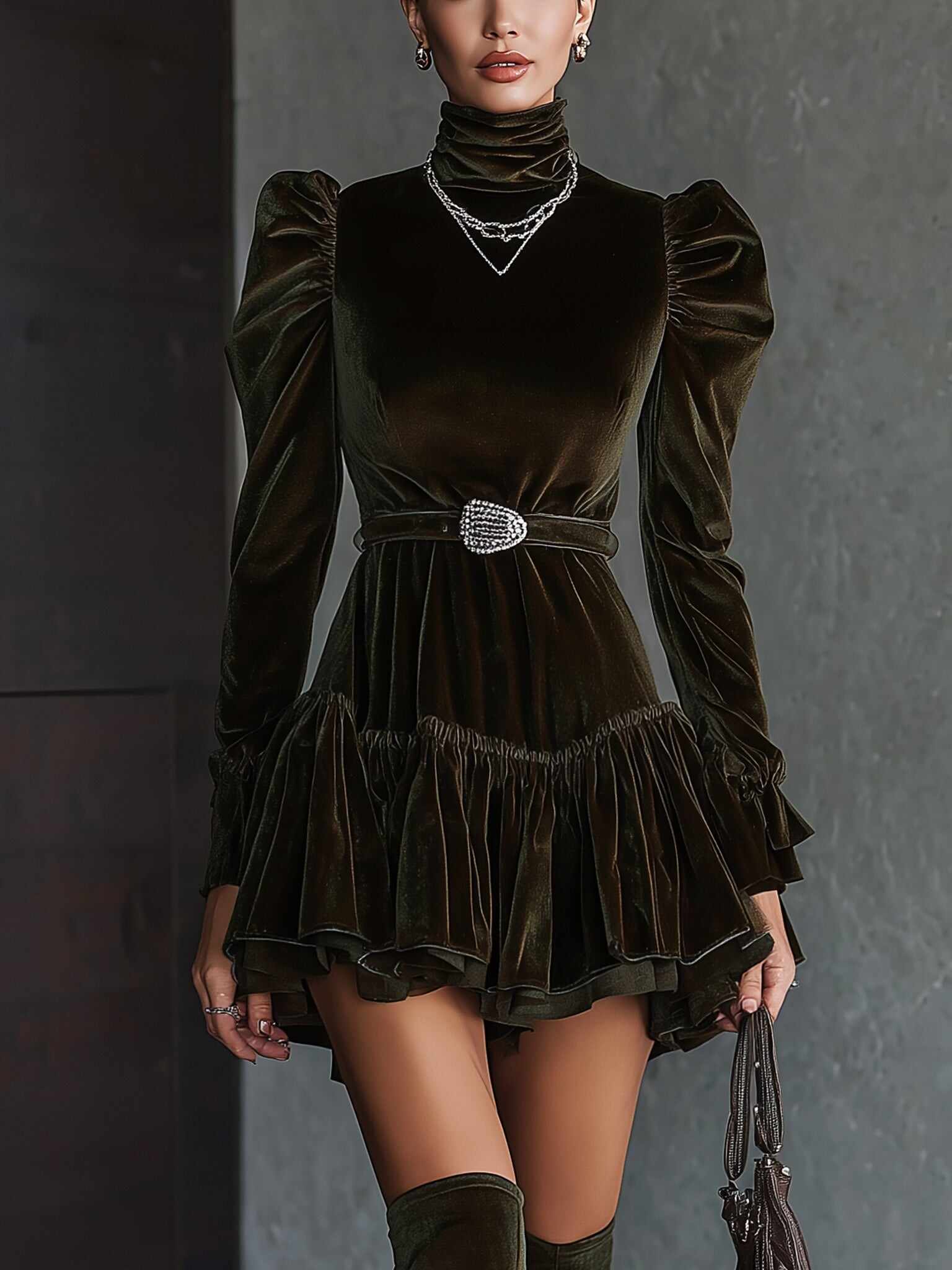 Emerald Velvet High Neck Puff Sleeve Mini Dress