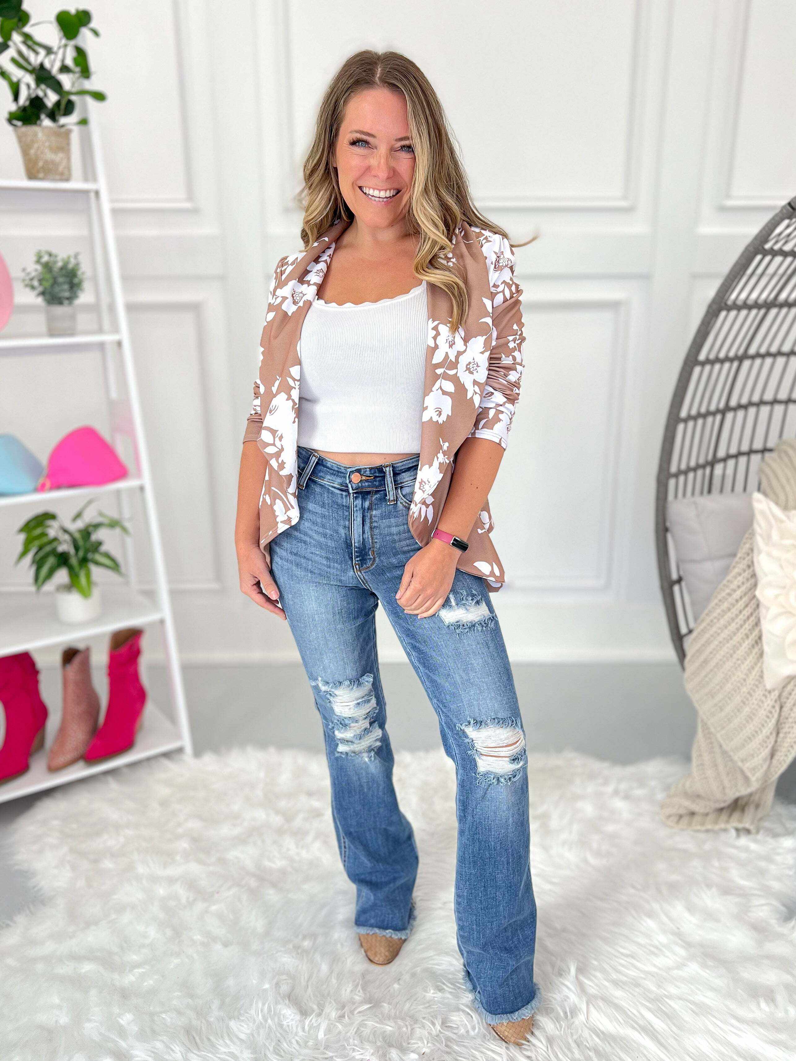 Scoot Your Boot - Christmas Destroyed Fray Hem Bootcut Jeans- Final Sale