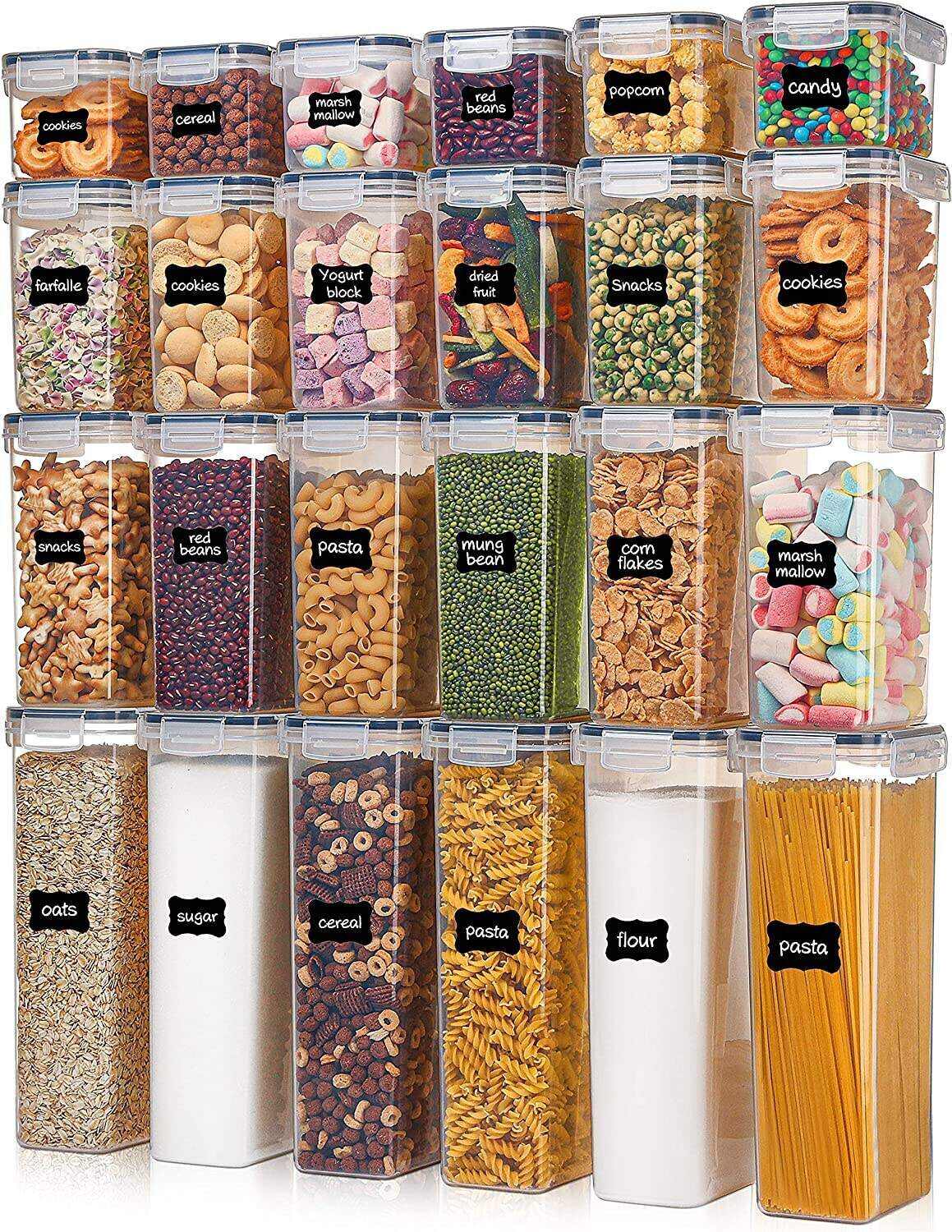 Airtight Food Storage Containers with Lids, 24 pcs Plastic Kitchen and Pantry Organization Canisters for Cereal, Dry Food, Flour and Sugar, BPA Free, Includes 24 Labels