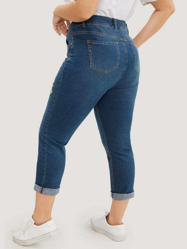Very Stretchy  Dark Wash Roll Hem Cropped Jeans