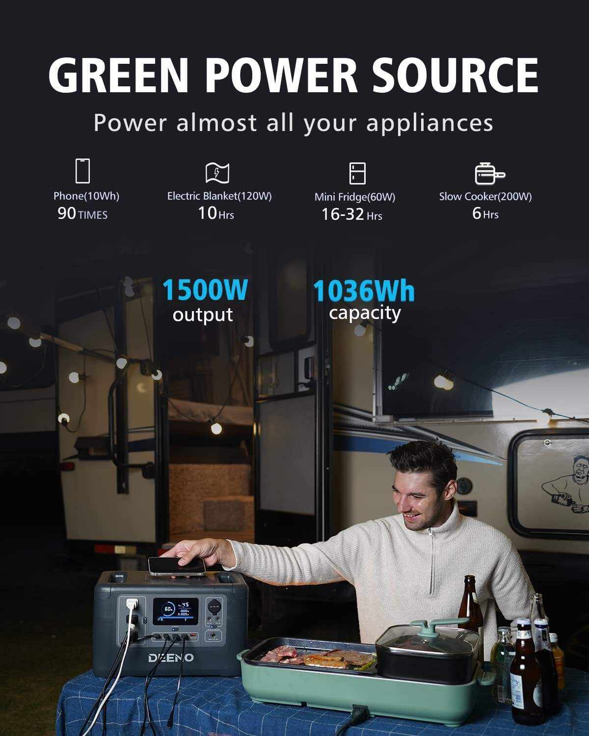 DEENO Portable Power Station X1500, 1036Wh LiFePO4 (LFP) Battery, 1500W(Peak 3000W) Solar Generator (Solar Panel Optional) for Camping RVs Home Use Emergency Travel