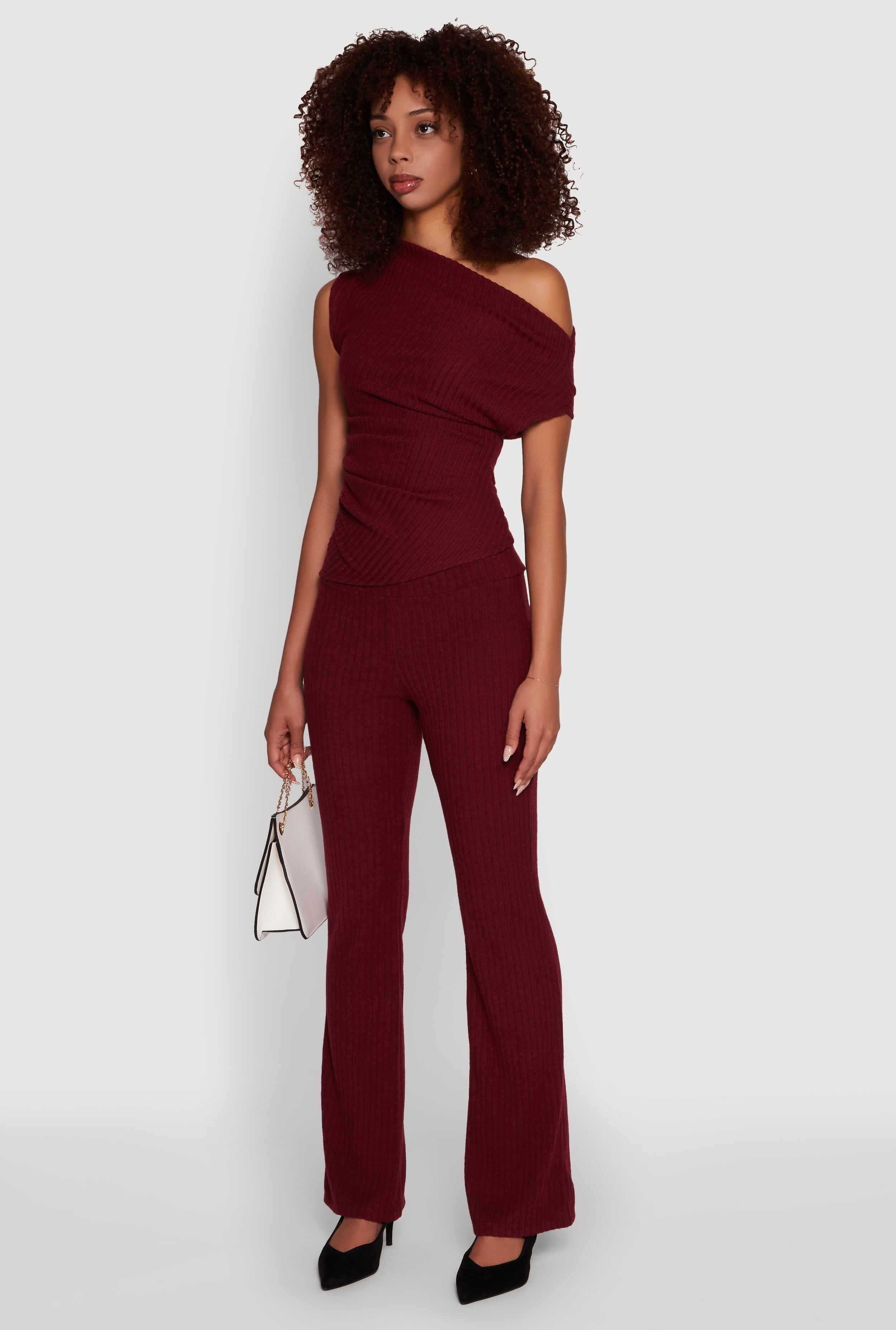 Ribbed Knit Solid One Shoulder Blouse