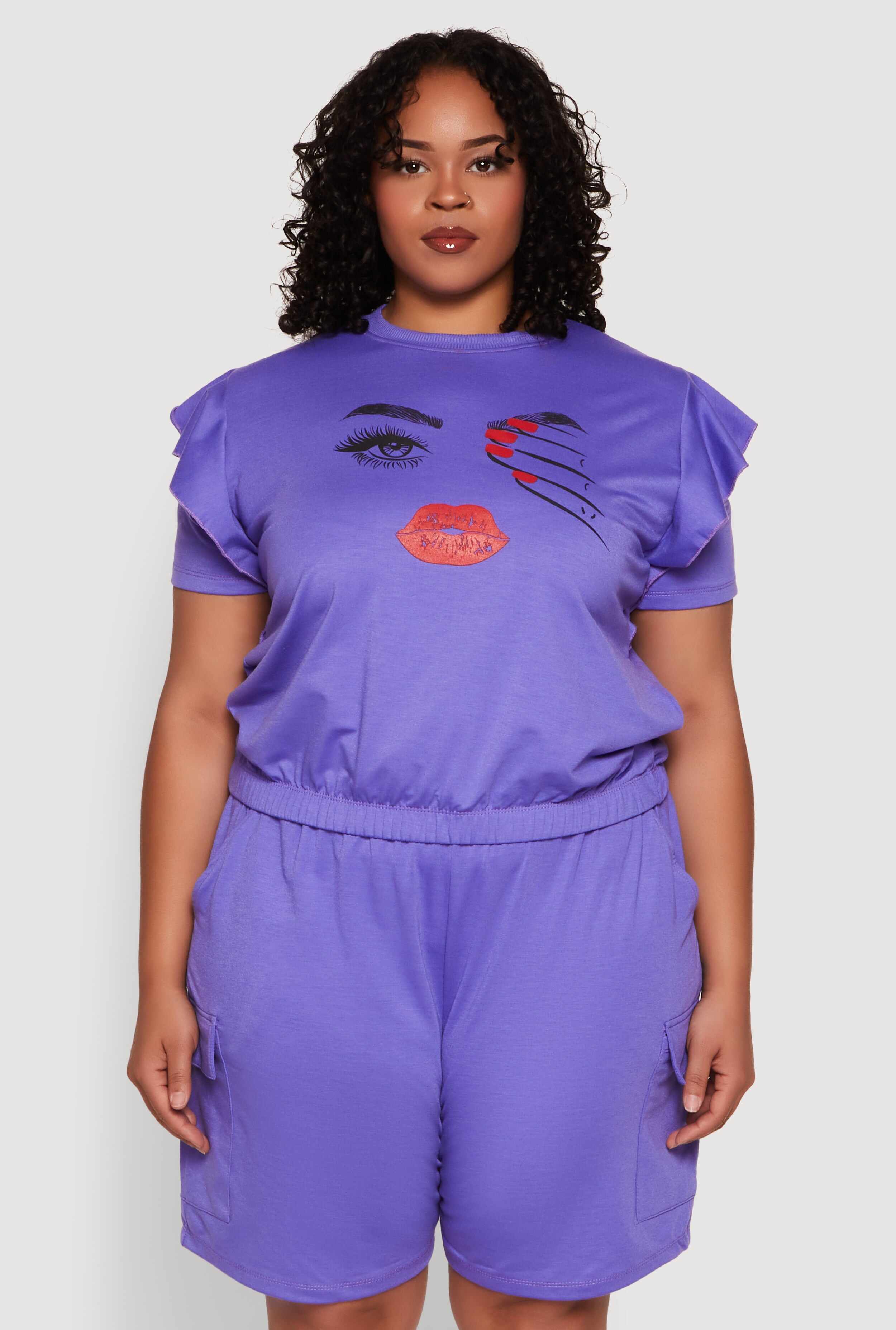 Plus Size Tiered Ruffle Sleeve Face Graphic Top