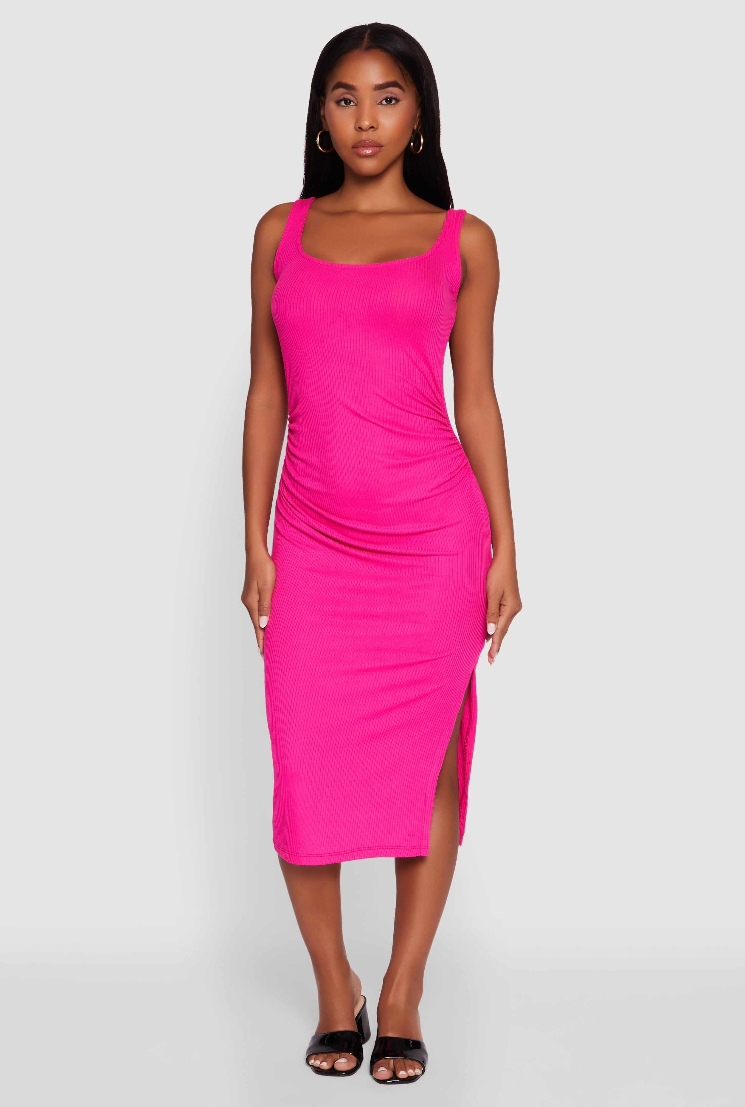 Rib Knit Side Slit Ruched Side Midi Dress