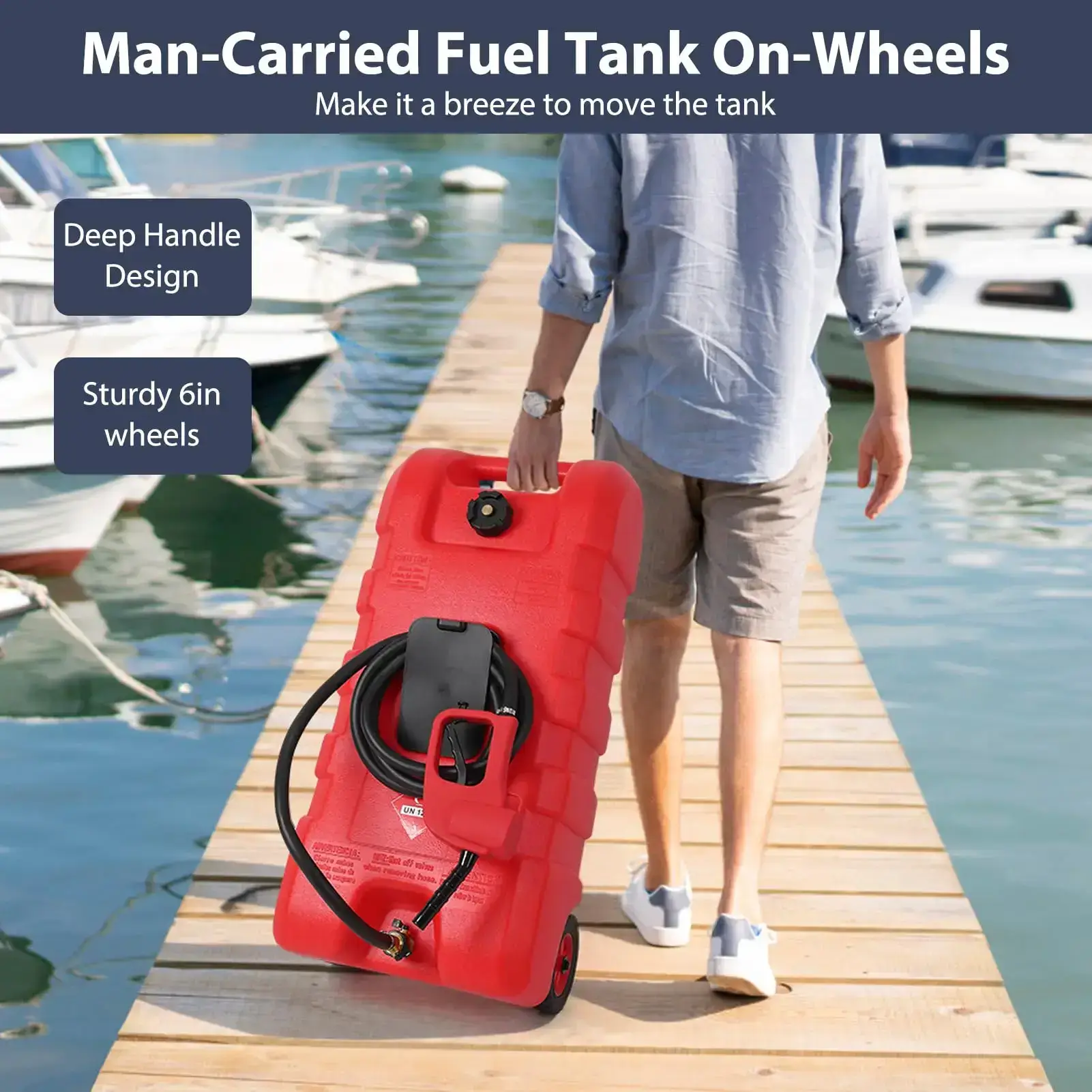 15 Gallon Portable Fuel Caddy with LE Pump & 10ft Hose for Gasoline Diesel Storage on Wheels for Cars Lawn Mowers ATVs Boats Red Yellow Gray Options - Convenience