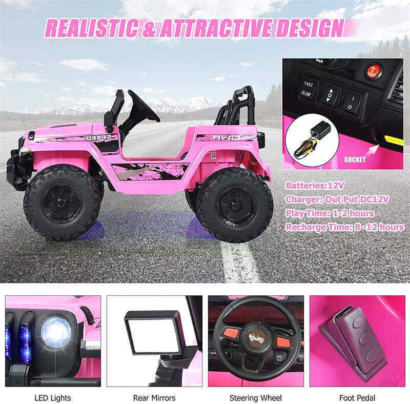 12V Kids Ride-on Jeep Car Battery Powered Electric Truck with Parental Remote Control