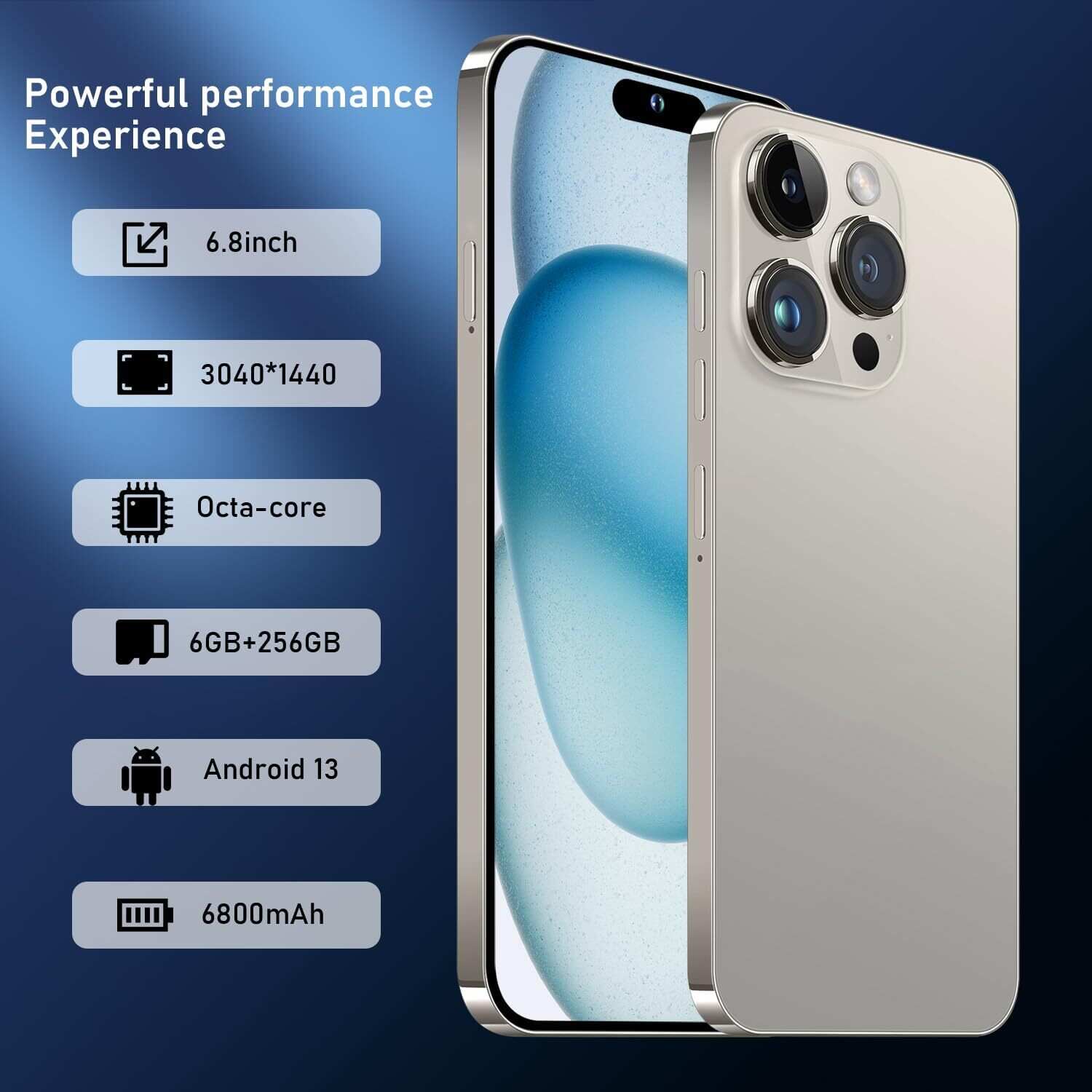 A15 Pro Max Smartphone, 6+256GB Unlocked Phone, Android 13.0, 48+108MP Zoom Camera, Long Battery Life 6800mAh, Dual SIM, 6.7“ HD Screen,5G Phone